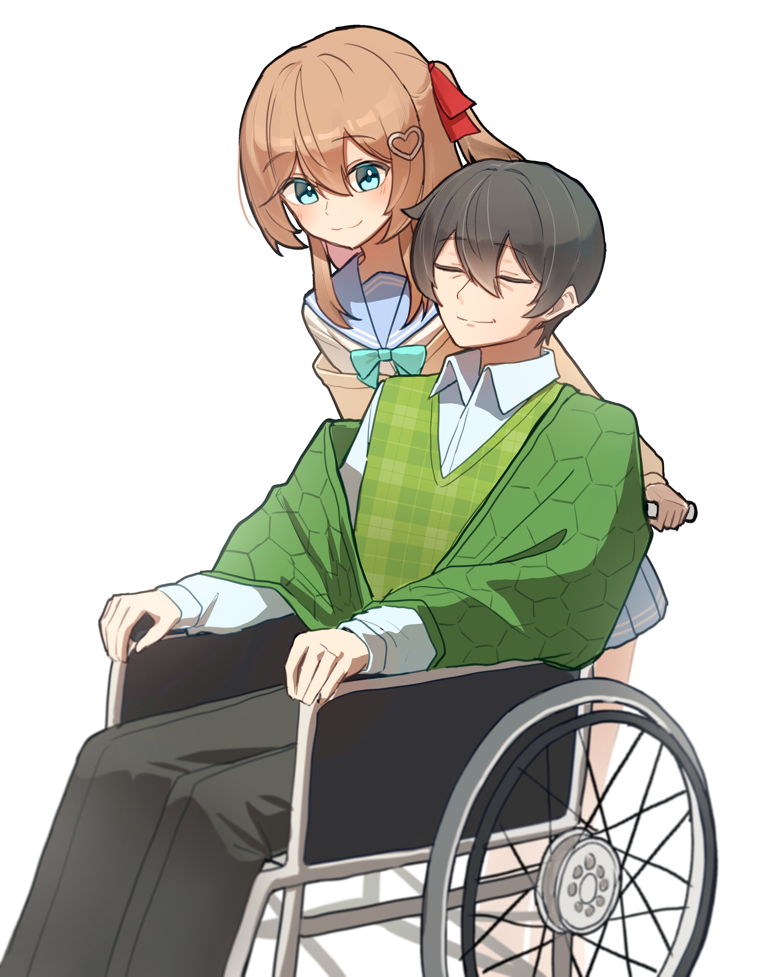 lavidi, neuro-sama, vedal987, absurdres, hashtag-only commentary, highres, 1boy, 1girl, aged up, aqua bow, aqua bowtie, black hair, black pants, blue eyes, blue sailor collar, blue skirt, bow, bowtie, brown hair, cardigan, closed mouth, dress shirt, feet out of frame, from side, green jacket, green vest, hair between eyes, hair ornament, hair ribbon, heart, heart hair ornament, jacket, long hair, long sleeves, miniskirt, old, old man, pants, personification, pleated skirt, pushing wheelchair, red ribbon, ribbon, sailor collar, shirt, short hair, simple background, sitting, skirt, smile, vedal ai, vest, virtual youtuber, wheelchair, white background, white shirt, yellow cardigan