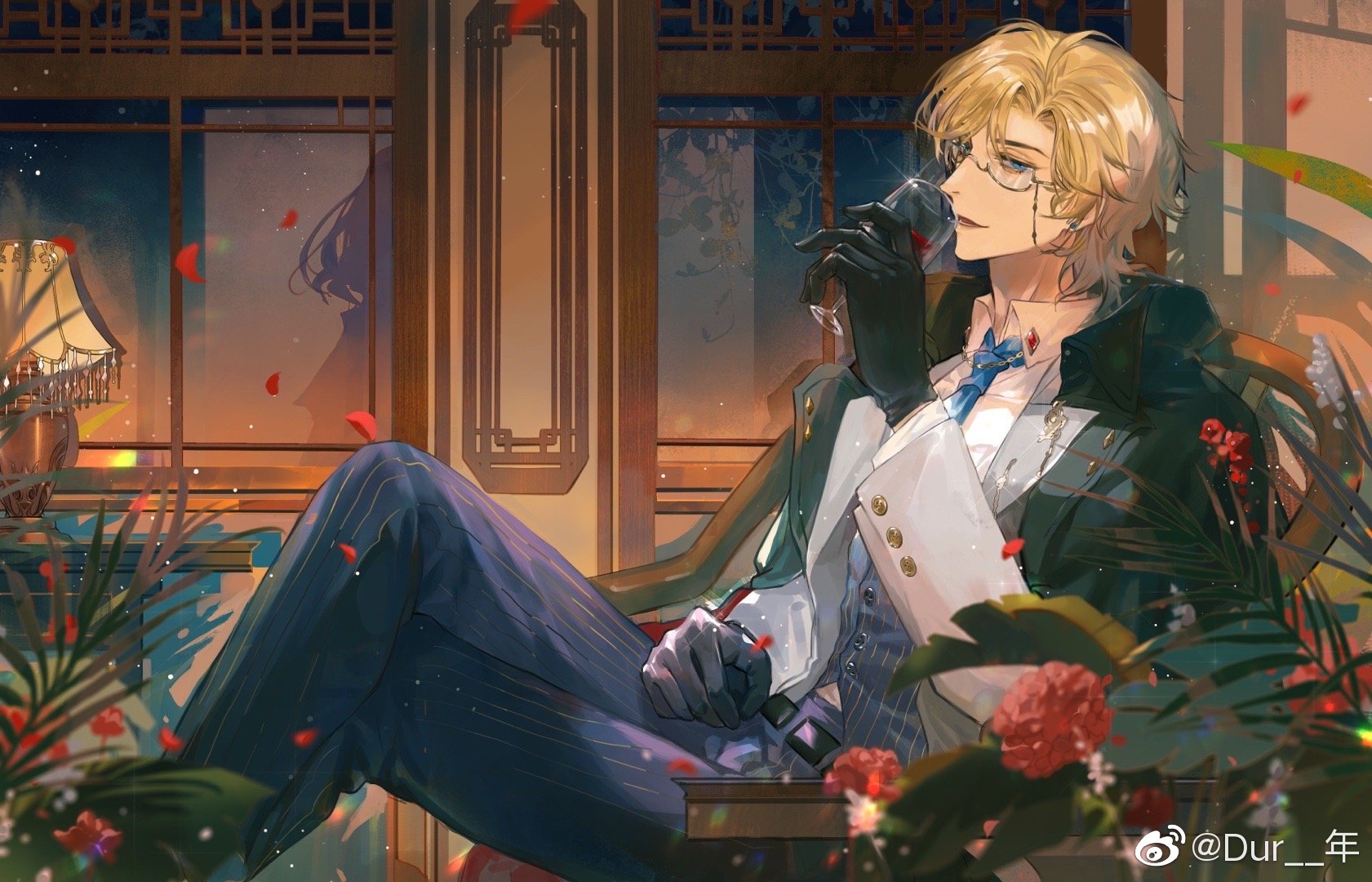 jin gongmen wo de fengkuang xingqiwu, heroine (lovebrush chronicles), lars rorschach, lovebrush chronicles, highres, 1boy, alcohol, aqua eyes, armchair, belt, black belt, black coat, black gloves, blonde hair, blue necktie, blue pants, blue vest, chair, coat, coat on shoulders, collar chain (jewelry), collared shirt, crossed legs, cuff links, cup, curtained hair, drinking glass, eyewear strap, falling petals, feet out of frame, flower, glasses, gloves, grey-framed eyewear, grey jacket, hair between eyes, holding, holding cup, indoors, jacket, lamp, lars rorschach (mystery), lattice, light particles, long sleeves, looking at viewer, male focus, necktie, night, open clothes, open jacket, pants, parted lips, petals, pinstripe pants, pinstripe pattern, pinstripe vest, profile, red flower, red rose, red wine, rose, rose petals, semi-rimless eyewear, shirt, short hair, sideways glance, silhouette, sitting, smile, solo, table, under-rim eyewear, vest, watermark, weibo watermark, white shirt, window, wine, wine glass