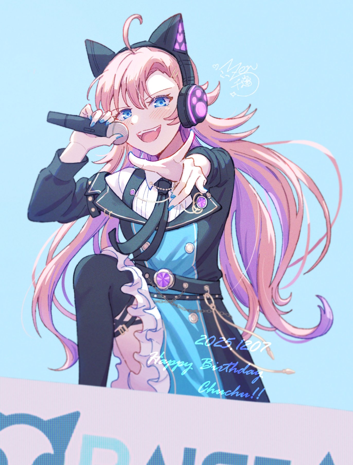 littleeefire, tamade chiyu, bang dream!, commentary request, highres, 1girl, animal ear headphones, animal ears, belt, black skirt, black thighhighs, blue eyes, blush, cat ear headphones, cat ears, dress, fake animal ears, headphones, holding, holding microphone, long hair, looking at viewer, microphone, nail polish, open mouth, pointing, red hair, simple background, skirt, solo, teeth, thighhighs, upper teeth only, white background