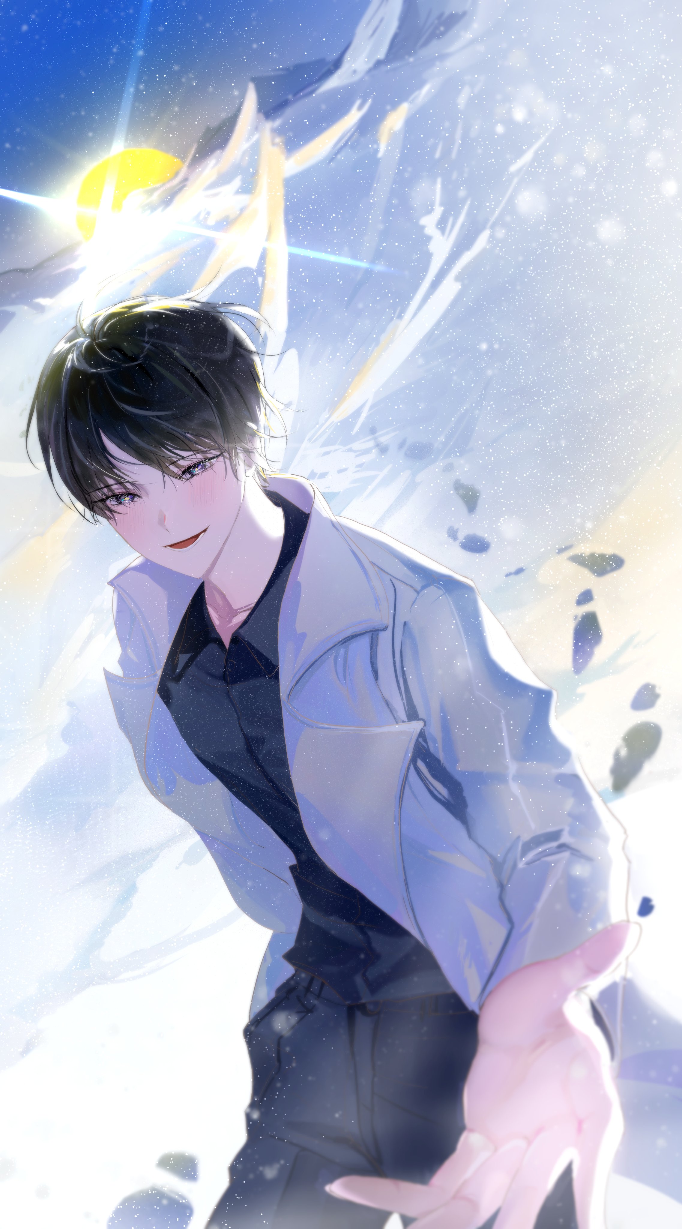 kim dokja, omniscient reader's viewpoint, absurdres, commentary request, highres, korean commentary, 1boy, black eyes, black hair, black shirt, coat, collared shirt, dutch angle, footprints, gj9158, grin, hand in pocket, male focus, mountainous horizon, open clothes, open coat, popped collar, reaching, reaching towards viewer, shirt, short hair, smile, solo, white coat