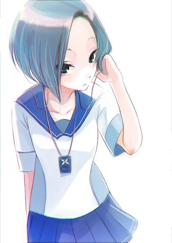 pyon-kichi, kobayakawa rinko, love plus, bad id, bad pixiv id, source request, 1girl, arms up, blue eyes, blue hair, blush, bob cut, earphones, female focus, jewelry, looking at viewer, matching hair/eyes, mp3 player, necklace, pendant, pleated skirt, school uniform, short hair, simple background, skirt, solo, white background