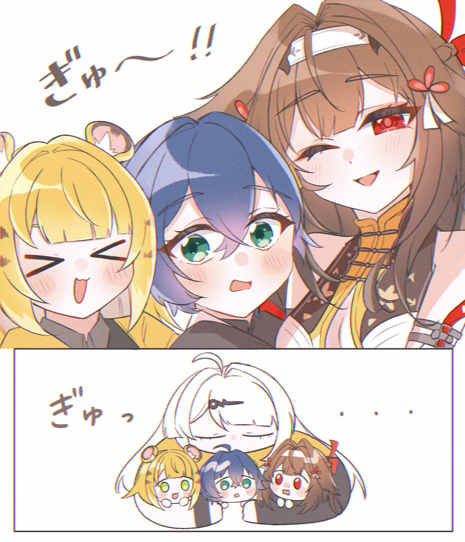 belle (zenless zone zero), ju fufu, ye shunguang, yixuan (zenless zone zero), zenless zone zero, commentary request, highres, > <, 4girls, ahoge, animal ear fluff, animal ears, blonde hair, blue hair, blush, brown hair, chibi, chinese clothes, closed eyes, clover hair ornament, droopy ears, fox ears, fox girl, green eyes, group hug, hair ornament, hairclip, headband, hug, long hair, multiple girls, one eye closed, red eyes, short hair, sidelocks, simple background, skd allp, smile, surprised, tiger ears, tiger girl, white hair