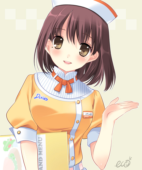 eco (petticoat), anegasaki nene, love plus, bad id, bad pixiv id, 1girl, brown hair, female focus, mole, mole under eye, simple background, solo, waitress
