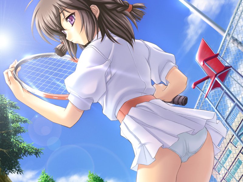 ashishun, nakane miho, kegasareta natsu jyuppon no te de naburareta shoujo, kleins (company), game cg, 1girl, brown hair, female focus, racket, sky, solo, tennis, tennis racket