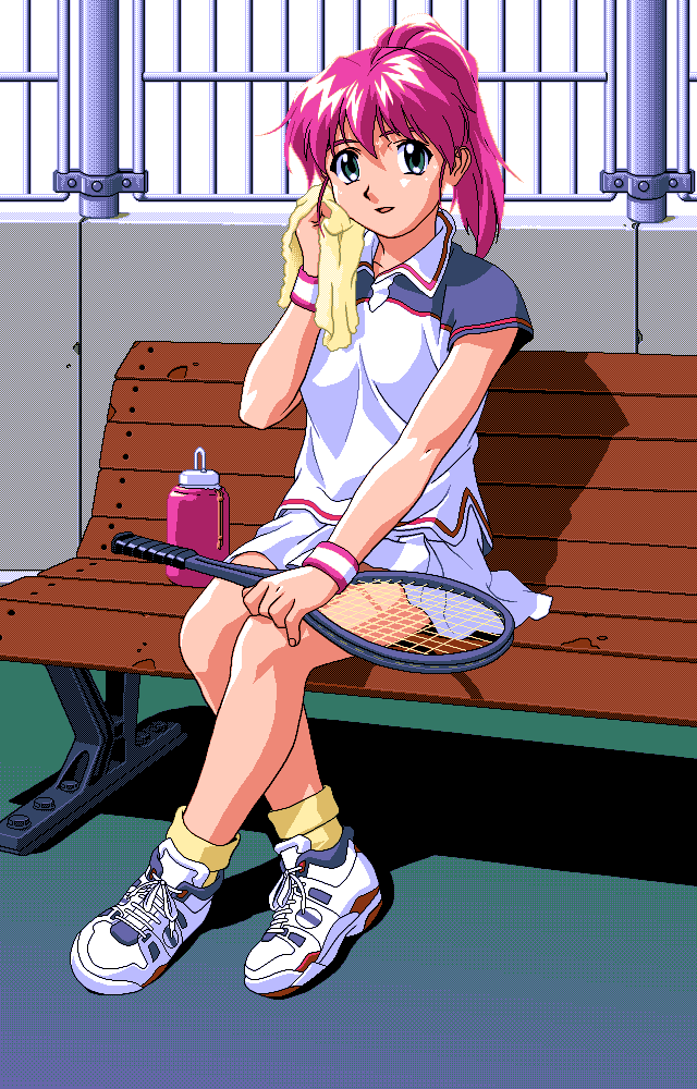 mahjong sports line, pc98, game cg, 1girl, 4bpp, bench, female focus, green eyes, looking at viewer, pc-98 (style), pink hair, ponytail, purple hair, racket, shoes, sitting, sneakers, solo, sportswear, sweat, tennis, tennis racket, tennis uniform, towel, wiping face, wristband