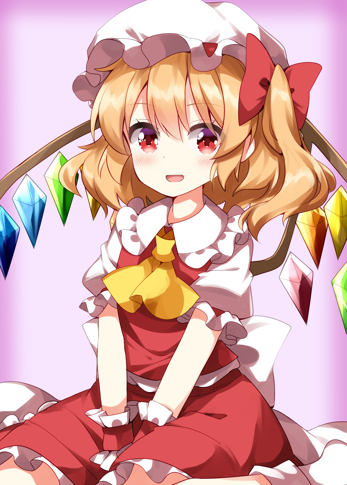 ruu (tksymkw), flandre scarlet, touhou, commentary request, highres, 1girl, :d, ascot, blonde hair, blush, bow, collared shirt, cowboy shot, crystal, frilled shirt collar, frilled skirt, frills, hair bow, hat, hat ribbon, looking at viewer, mob cap, multicolored wings, open mouth, pink background, red bow, red eyes, red ribbon, red skirt, red vest, ribbon, shirt, short hair, short sleeves, skirt, skirt set, smile, solo, vest, white hat, white shirt, wings, yellow ascot