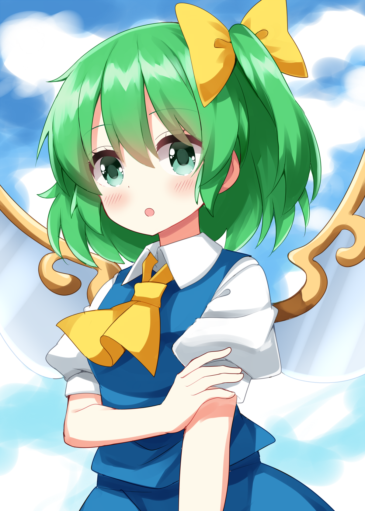 ruu (tksymkw), daiyousei, touhou, commentary request, highres, 1girl, :o, ascot, blue dress, blue sky, blush, bow, cloud, collared shirt, day, dress, fairy wings, green eyes, green hair, hair bow, hand on own arm, looking at viewer, one side up, open mouth, outdoors, pinafore dress, shirt, short hair, short sleeves, sky, sleeveless, sleeveless dress, solo, upper body, white shirt, wings, yellow ascot, yellow bow