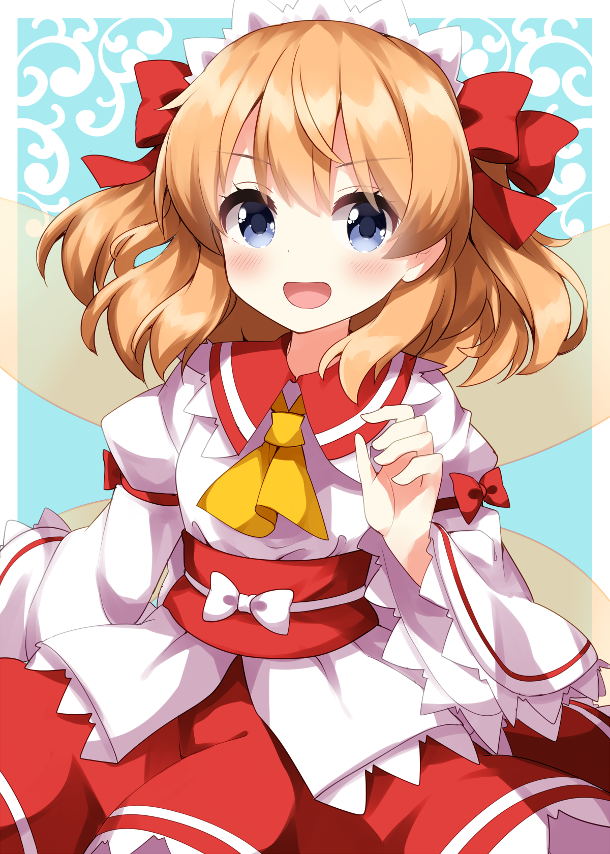 ruu (tksymkw), sunny milk, touhou, commentary request, highres, 1girl, :d, ascot, blue background, blue eyes, blush, border, collared shirt, contrast collar, fairy wings, hair ribbon, hand up, long sleeves, looking at viewer, open mouth, orange hair, outside border, red ribbon, red skirt, ribbon, shirt, short hair, skirt, smile, solo, white border, white shirt, wide sleeves, wings, yellow ascot