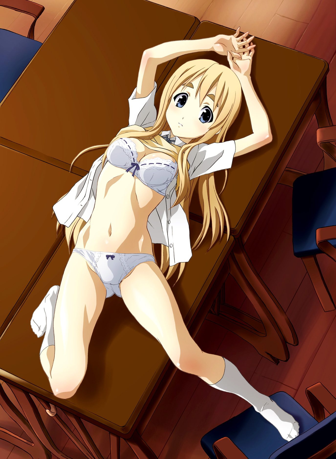 norizou type-r, kotobuki tsumugi, k-on!, highres, 1girl, blonde hair, blue eyes, blush, bow, bow bra, bow panties, bra, breasts, classroom, desk, feet, female focus, kneehighs, lace, large breasts, legs, lingerie, long hair, lying, midriff, navel, open clothes, open shirt, panties, school, school uniform, shirt, socks, solo, thighs, underwear, undressing, white bra, white panties, white socks