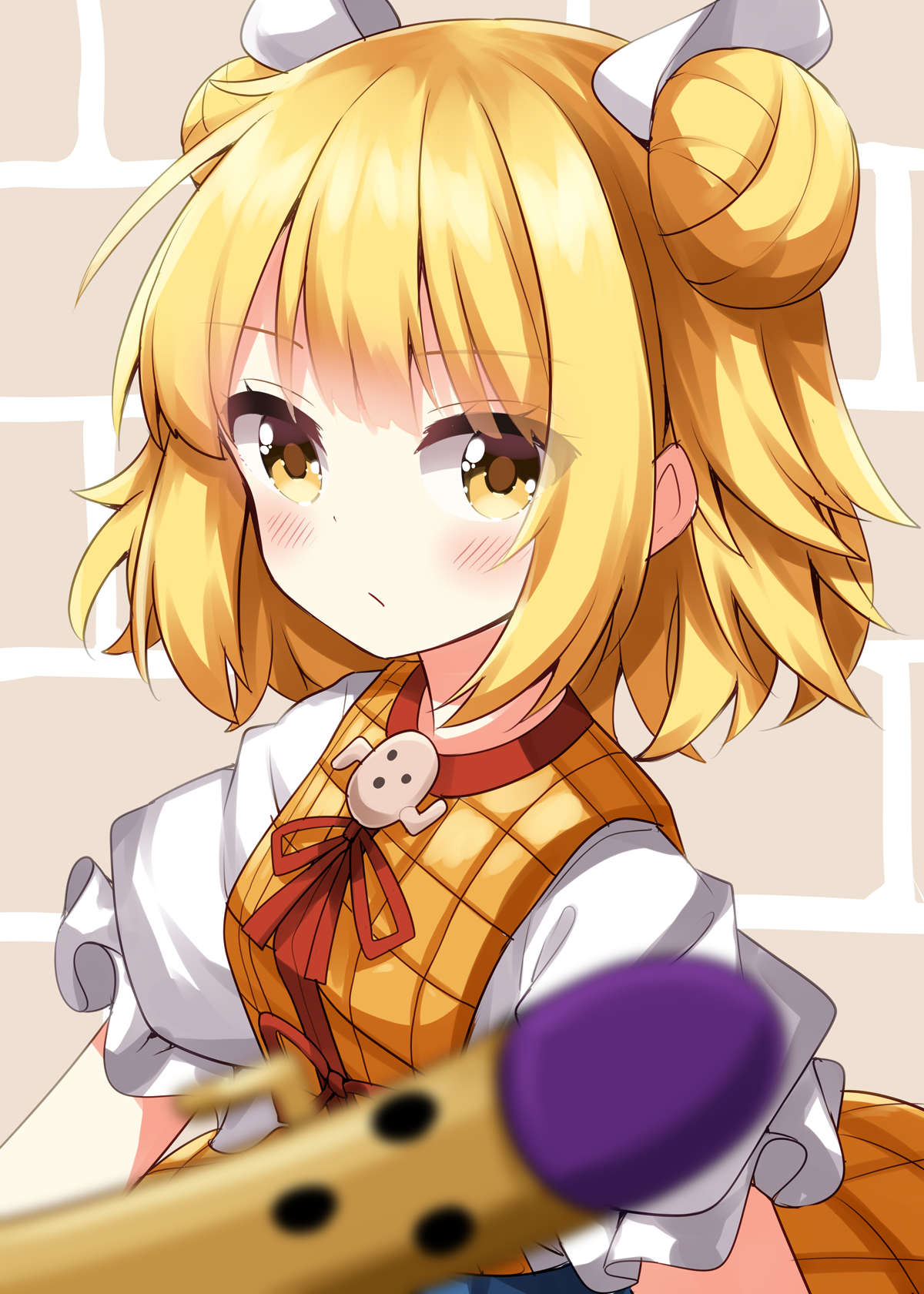 ruu (tksymkw), joutouguu mayumi, touhou, commentary request, highres, 1girl, armor, armored dress, blonde hair, blurry, blurry foreground, blush, brown background, closed mouth, double bun, dress, hair bun, hair ribbon, haniwa (statue), looking at viewer, ribbon, short hair, short sleeves, solo, upper body, white ribbon, yellow dress