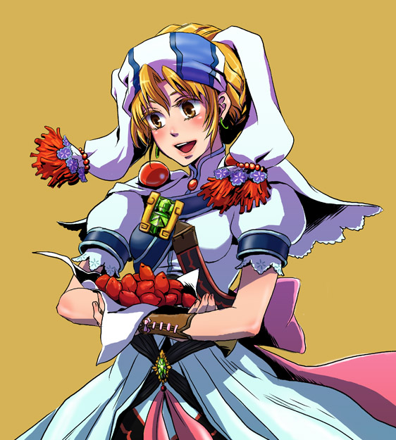 nachi (nachi61), nachi (pixiv), elena (grandia), game arts, grandia, grandia ii, 1girl, blonde hair, blush, dress, earrings, female focus, food, hair ornament, headscarf, jewelry, smile, solo, white headscarf, yellow eyes