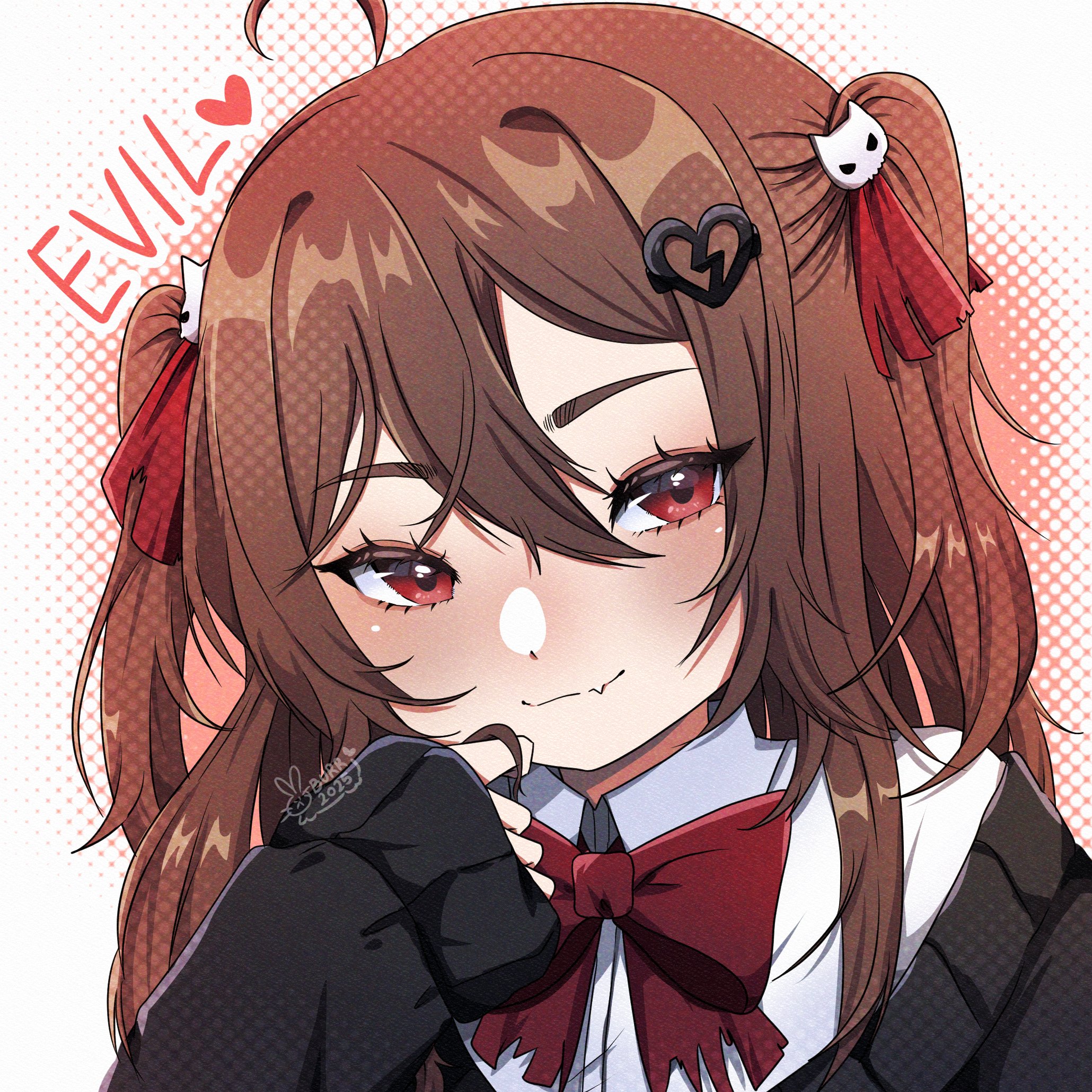evil neuro-sama, neuro-sama, commentary, english commentary, highres, 1girl, black cardigan, bow, bowtie, broken heart, broken heart hair ornament, brown hair, cardigan, character name, closed mouth, dress shirt, fang, hair between eyes, heart, jenniburr, long hair, long sleeves, looking at viewer, off-shoulder cardigan, portrait, red bow, red bowtie, red eyes, shirt, signature, skin fang, sleeves past wrists, solo, v-neck, vedal ai, virtual youtuber, white shirt