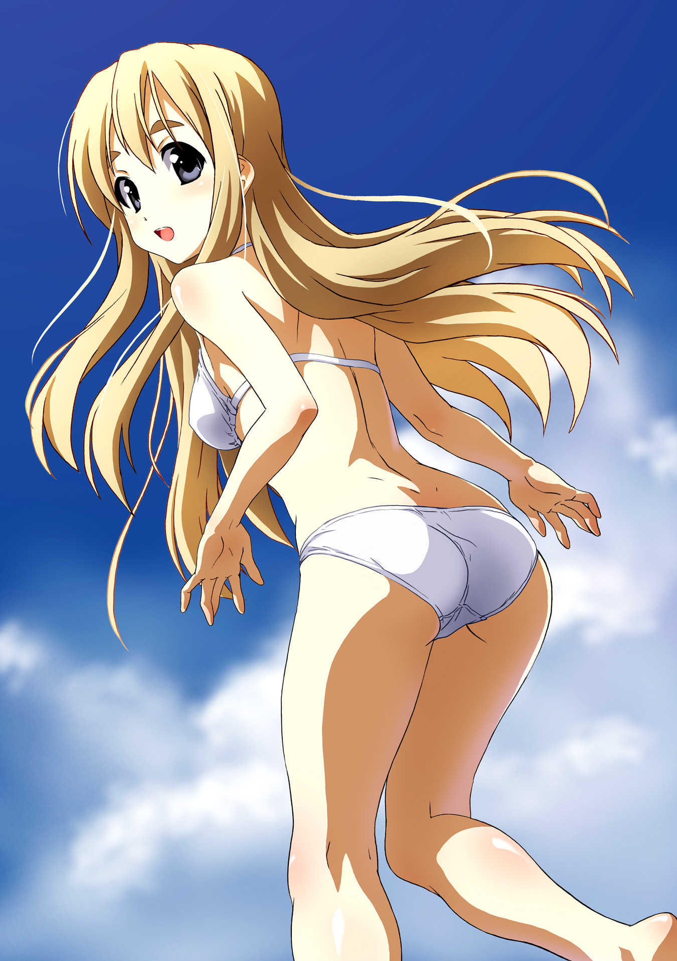 norizou type-r, kotobuki tsumugi, k-on!, highres, 1girl, ass, bikini, black eyes, blonde hair, blush, day, female focus, kneepits, long hair, looking back, solo, swimsuit, white bikini