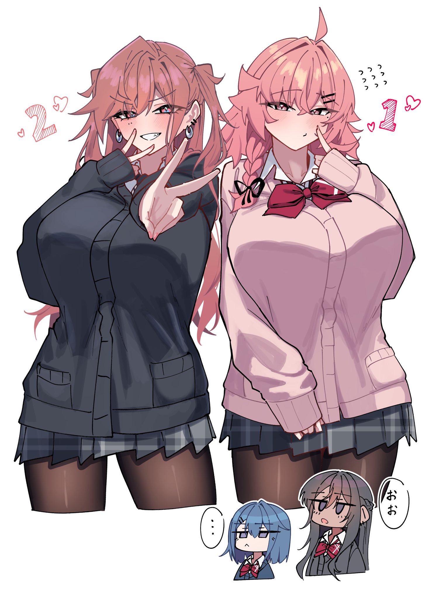 warabi mochi (w4rabimochi), original, commentary request, highres, …, 4girls, :<, :o, ahoge, black cardigan, black hair, blue hair, bow, bowtie, braid, breasts, cardigan, chibi, chibi inset, closed mouth, cropped legs, dark-skinned female, dark skin, earrings, flying sweatdrops, grey skirt, grin, gyaru, heart, huge breasts, jewelry, kogal, konno you (warabi mochi (w4rabimochi)), kozakura men (warabi mochi (w4rabimochi)), long hair, miniskirt, mole, mole under eye, multiple girls, multiple moles, open mouth, pink cardigan, pink hair, plaid clothes, plaid skirt, pleated skirt, red bow, red bowtie, school uniform, short hair, side braid, skirt, smile, speech bubble, spoken ellipsis, two side up, usumi nodoka (warabi mochi (w4rabimochi)), watadono airu