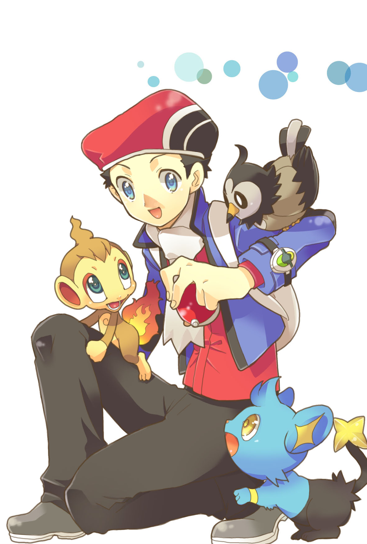 2go1go, chimchar, lucas (pokemon), shinx, starly, nintendo, pokemon, pokemon dppt, bad id, bad pixiv id, highres, 00s, 1boy, alternate costume, beret, black hair, blue eyes, coat, fiery tail, fire, gen 4 pokemon, hat, holding, holding poke ball, jacket, male focus, monkey, on one knee, poke ball, poke ball (basic), pokemon (creature), poketch, scarf, tail, watch, wristwatch