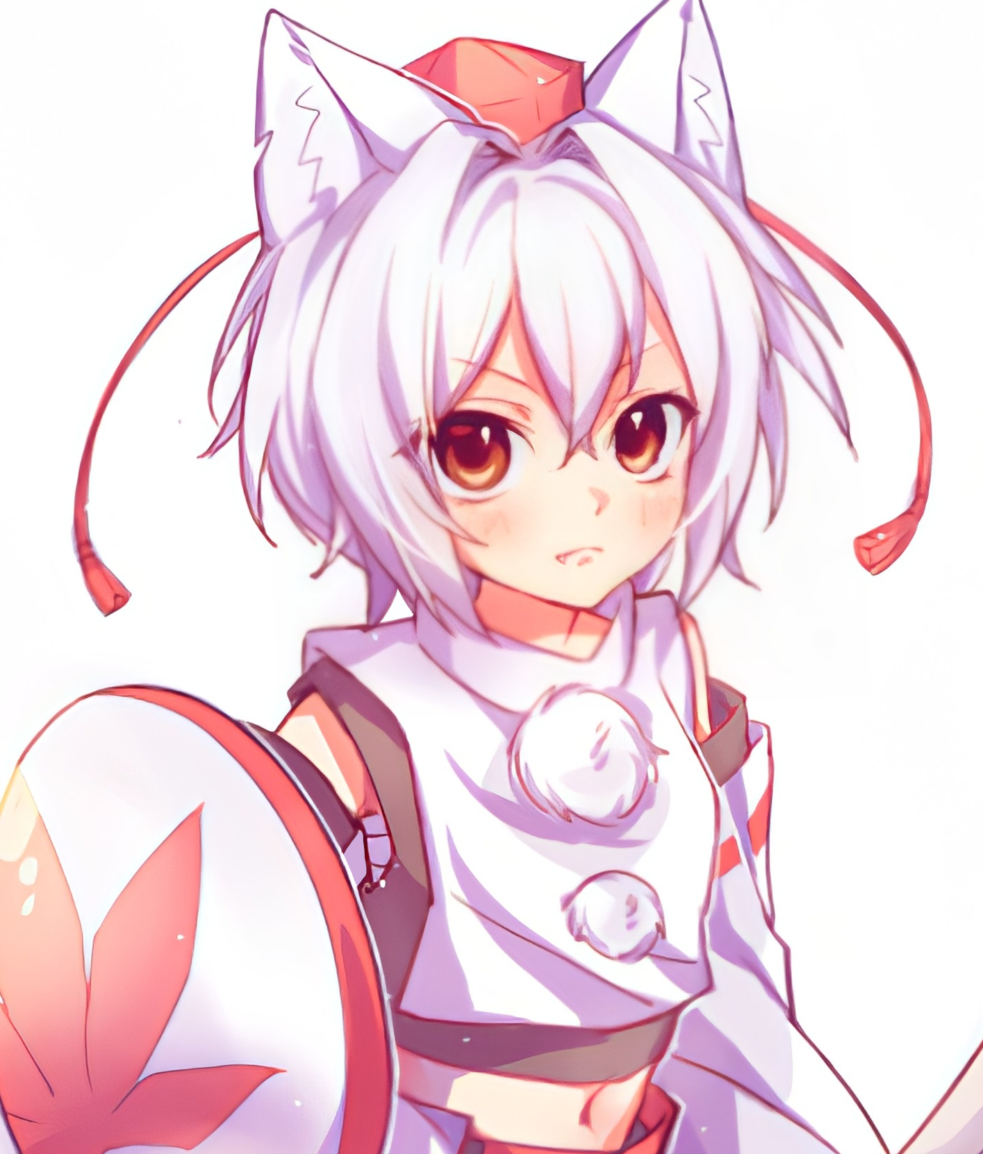 inubashiri momiji, touhou, commentary, highres, symbol-only commentary, 1girl, animal ear fluff, animal ears, bare shoulders, blush, breasts, closed mouth, detached sleeves, fang, hair between eyes, hat, holding, holding shield, holding sword, holding weapon, leaf print, long sleeves, looking at viewer, maple leaf print, navel, pom pom (clothes), red eyes, red hat, ribbon-trimmed sleeves, ribbon trim, sarashi, shield, shirt, short hair, simple background, sleeveless, sleeveless shirt, small breasts, solo, sword, tassel, tokin hat, turtleneck, turtleneck shirt, upper body, user mmde3543, weapon, white background, white hair, white shirt, white sleeves, wide sleeves, wolf ears, wolf girl