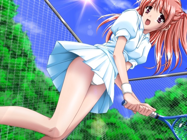 kurono (game illustrator), toyonoka ichigo, meippai athlete, game cg, 1girl, breasts, brown eyes, chain-link fence, cloud, female focus, fence, hair ornament, holding, light rays, long hair, looking at viewer, open mouth, panties, puffy sleeves, racket, red hair, shirt, short sleeves, skirt, sky, small breasts, smile, solo, sparkle, sportswear, sun, sunbeam, sunlight, tennis, tennis racket, tennis uniform, tree, twintails, underwear, upskirt, white panties, white shirt, white skirt, wristband