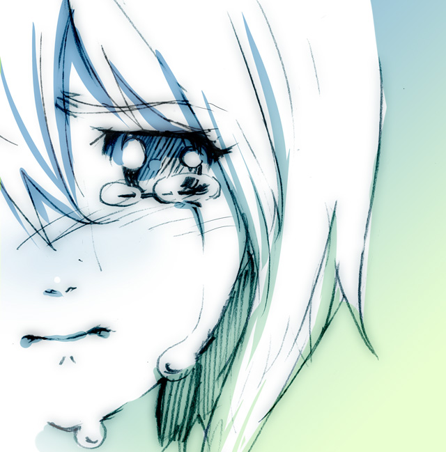 yahako, 1girl, blue background, blue theme, blush, close-up, crying, crying with eyes open, female focus, gradient background, green background, green theme, monochrome, sad, sketch, solo, tears