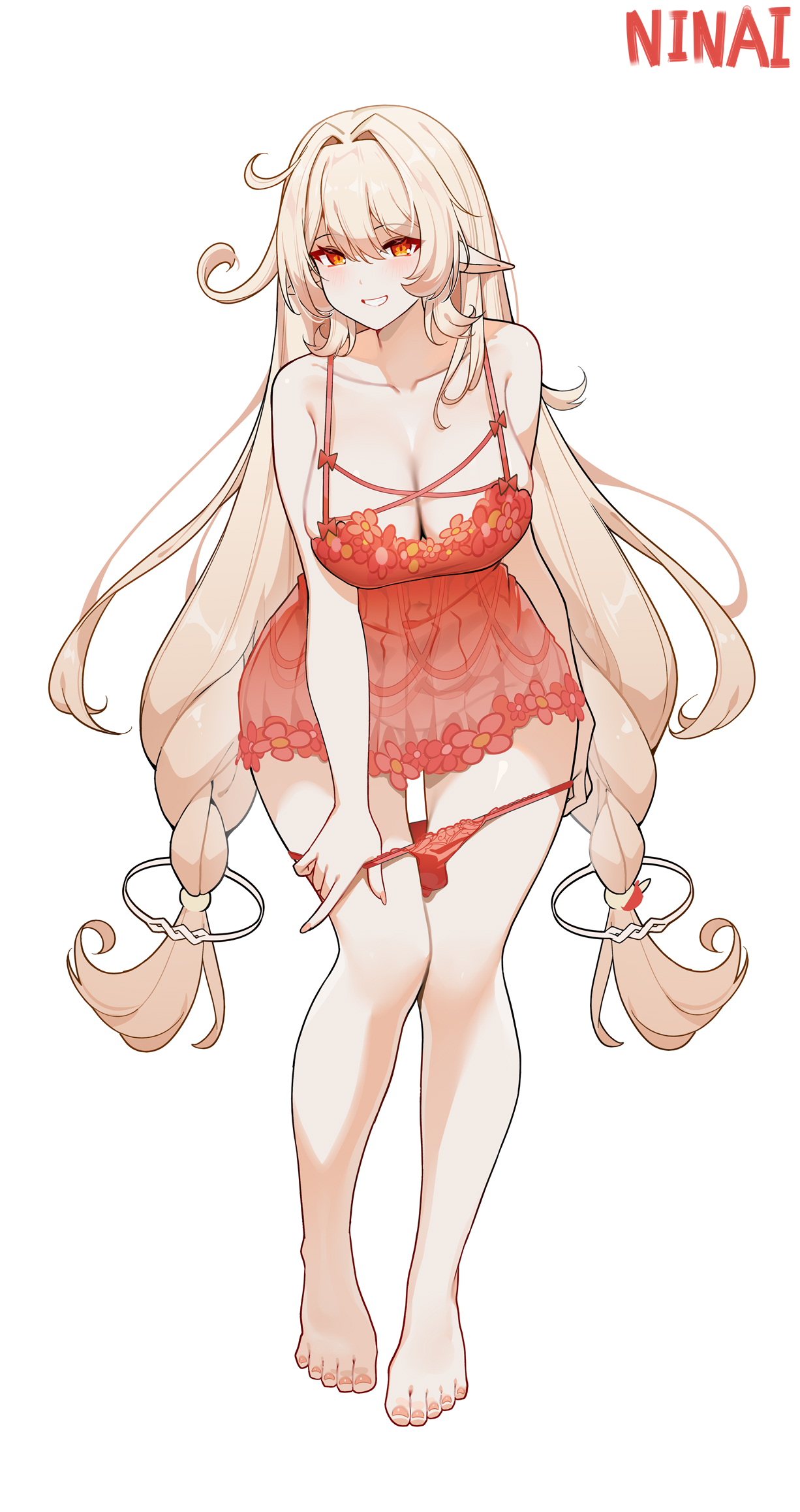 ninai, alice (genshin impact), genshin impact, commentary, highres, symbol-only commentary, 1girl, artist name, babydoll, bare shoulders, barefoot, blonde hair, breasts, cleavage, collarbone, cowlick, feet, full body, large breasts, leaning forward, long hair, nightgown, panties, panty pull, pointy ears, pulling own clothes, red babydoll, red eyes, red nightgown, red panties, simple background, smile, solo, toes, underwear, very long hair, white background