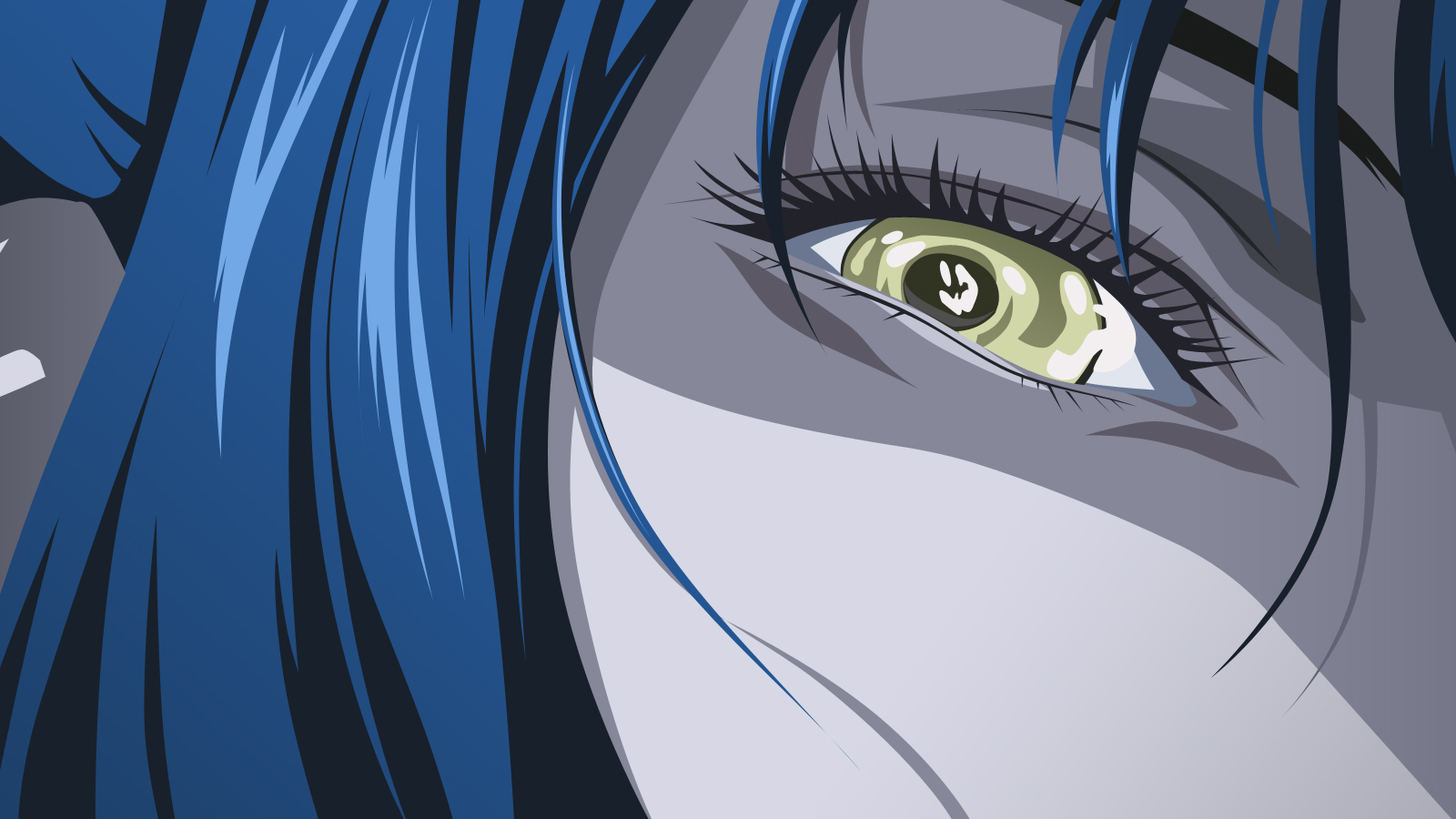 amane misa, death note, anime screenshot, highres, third-party edit, 00s, 1girl, blue hair, close-up, female focus, shadow, solo, yellow eyes