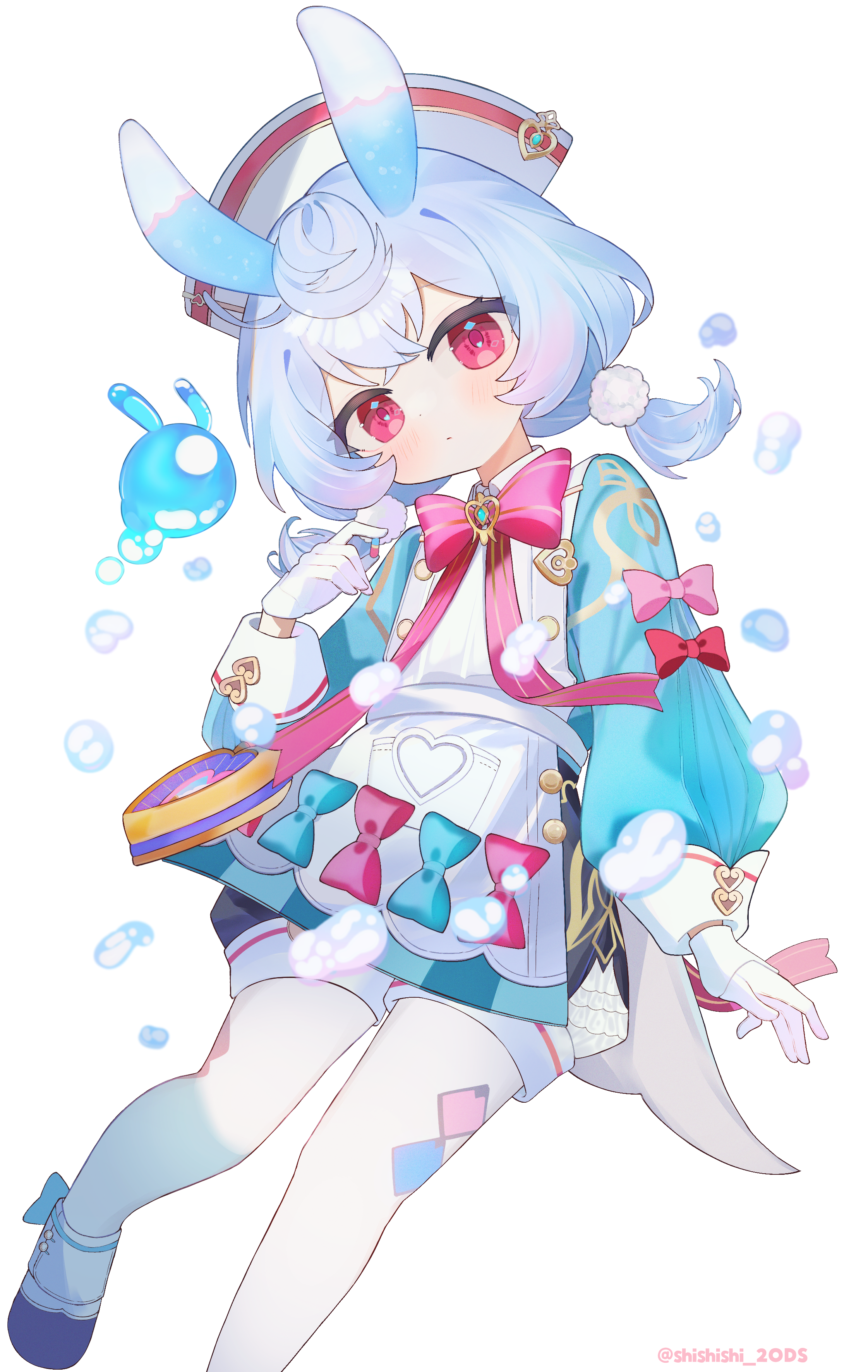 shishiodoshi, sigewinne (genshin impact), genshin impact, absurdres, commentary request, highres, 1girl, antennae, apron, aqua bow, aqua hair, aqua shirt, black shorts, bow, closed mouth, foot out of frame, gloves, gradient hair, hair between eyes, hat, long sleeves, multicolored hair, nurse, nurse cap, pantyhose, pink bow, pink hair, shirt, short twintails, shorts, simple background, smile, twintails, twitter username, white apron, white background, white gloves, white pantyhose