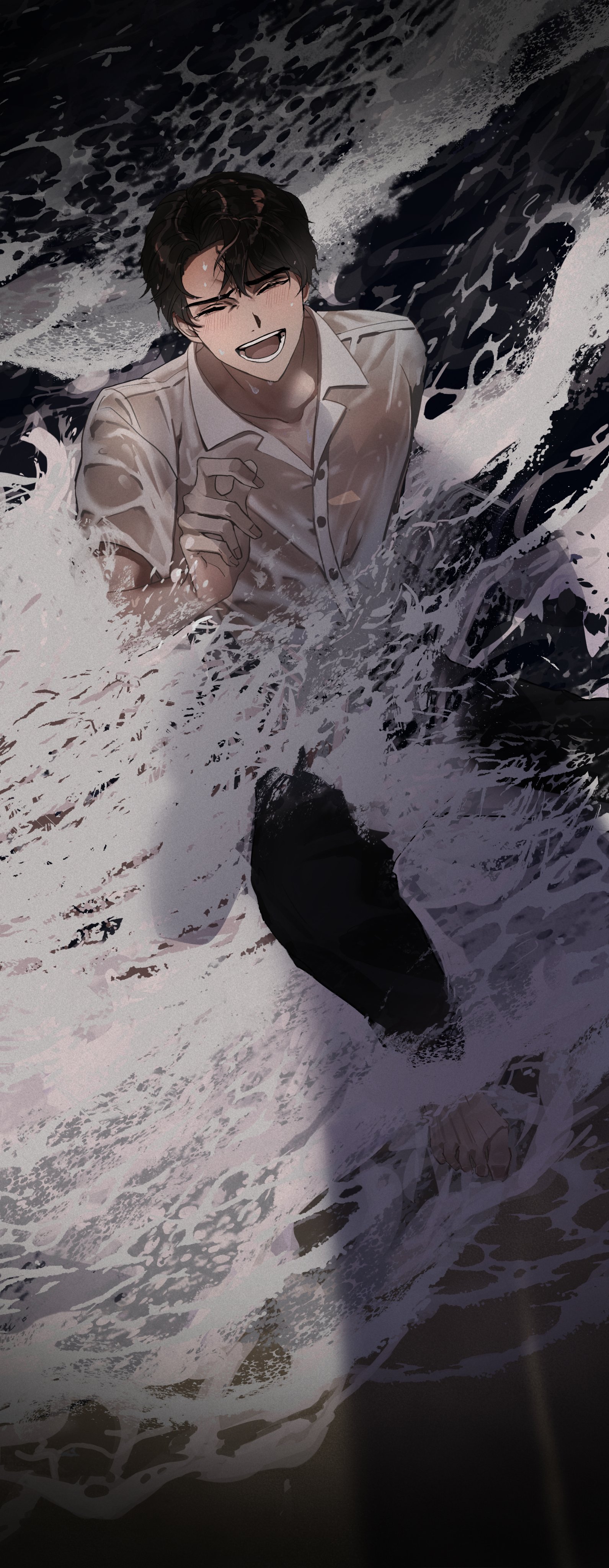 kim dokja, yoo joonghyuk, omniscient reader's viewpoint, absurdres, commentary request, highres, korean commentary, 1boy, beach, black hair, blush, caustics, closed eyes, collared shirt, curtained hair, from above, full body, gj9158, grin, hand up, knee up, male focus, night, outdoors, outstretched leg, partially submerged, pov shadow, sea spray, seashell, see-through clothes, shell, shirt, shore, short hair, sitting, smile, wet, wet clothes, white shirt