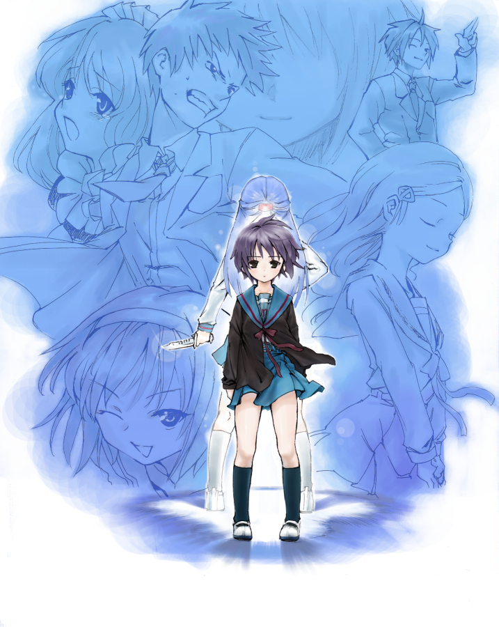 pine (pine-box), asahina mikuru, asakura ryoko, kimidori emiri, koizumi itsuki, kyon, nagato yuki, suzumiya haruhi, suzumiya haruhi no yuuutsu, 00s, 2boys, 6+girls, back-to-back, cardigan, knife, multiple boys, multiple girls, purple hair, school uniform, serafuku, short hair