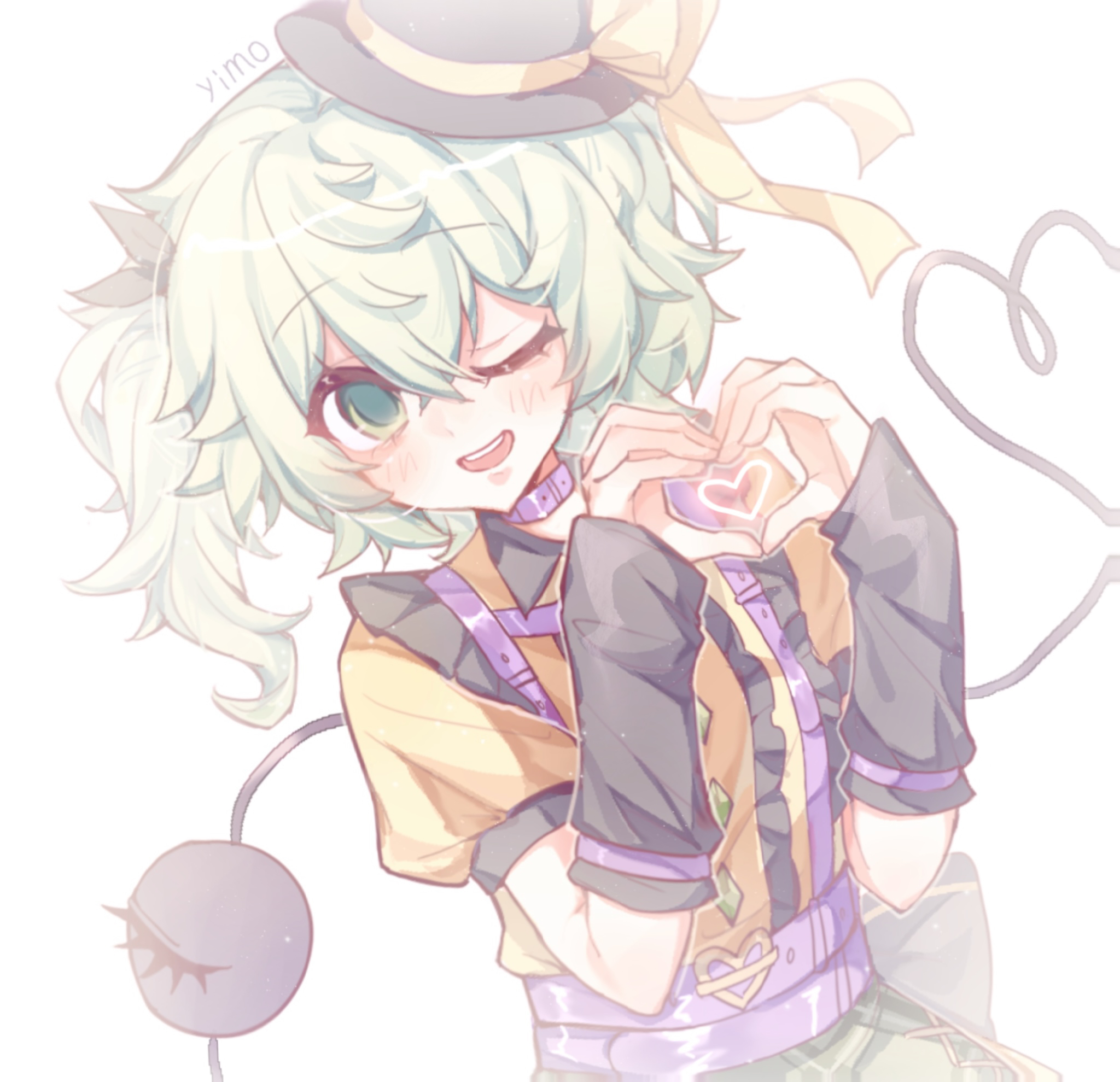 komeiji koishi, touhou, commentary, highres, symbol-only commentary, 1girl, alternate costume, alternate hairstyle, back bow, belt, black arm warmers, black bow, black hat, black ribbon, blush, bow, buttons, collar, collared shirt, diamond button, frills, green eyes, green hair, hair ribbon, hands up, hat, hat bow, heart, heart hands, heart of string, heart ornament, looking at viewer, mini hat, one eye closed, open mouth, puffy short sleeves, puffy sleeves, purple belt, purple collar, ribbon, shirt, short hair, short sleeves, side ponytail, simple background, smile, solo, suspenders, teeth, third eye, upper body, user mmde3543, white background, yellow bow, yellow shirt