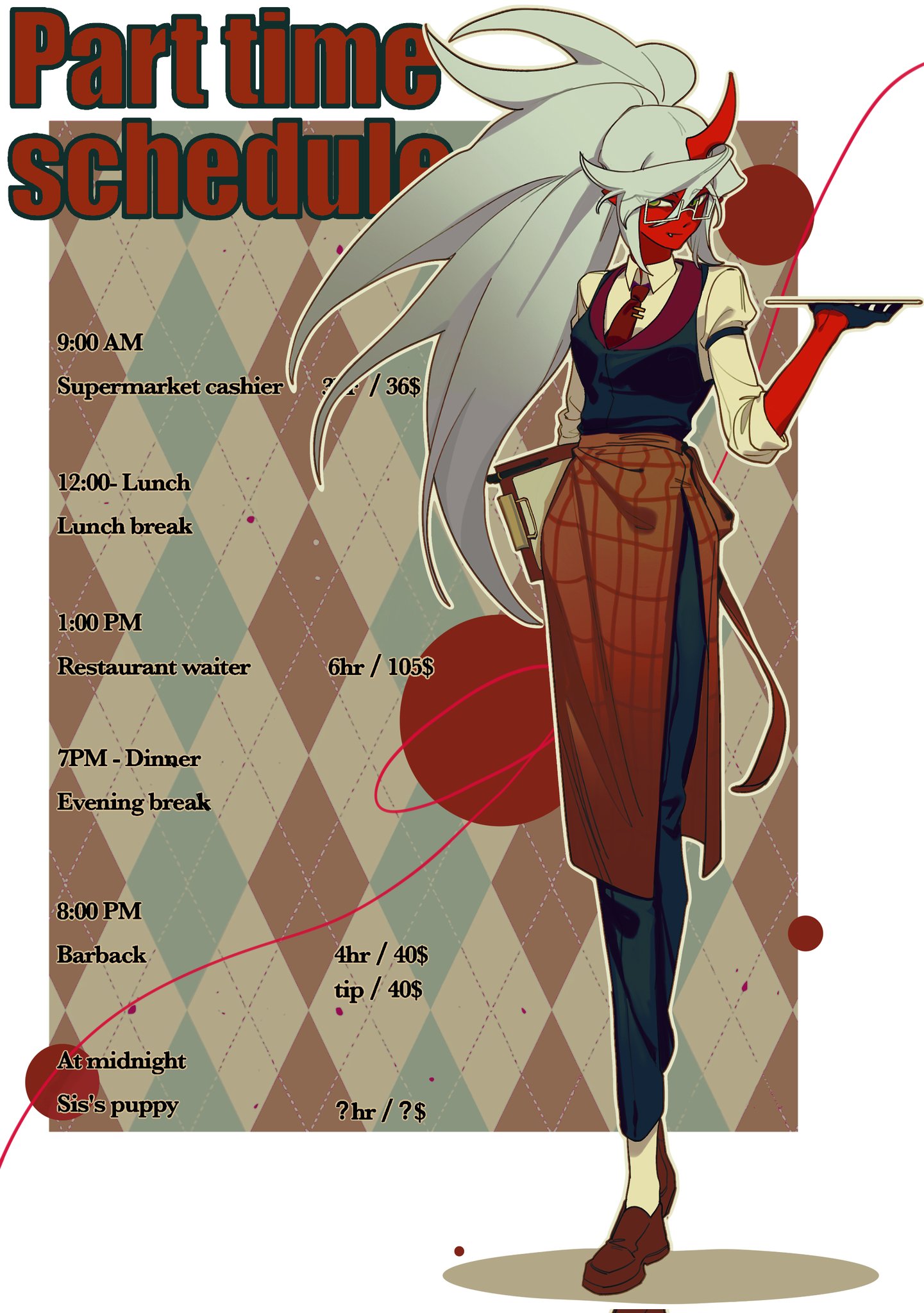 guru.zong, kneesocks (psg), panty & stocking with garterbelt, hashtag-only commentary, highres, 1girl, colored skin, demon girl, demon horns, green eyes, horns, long hair, looking at viewer, ponytail, red skin, single horn, solo