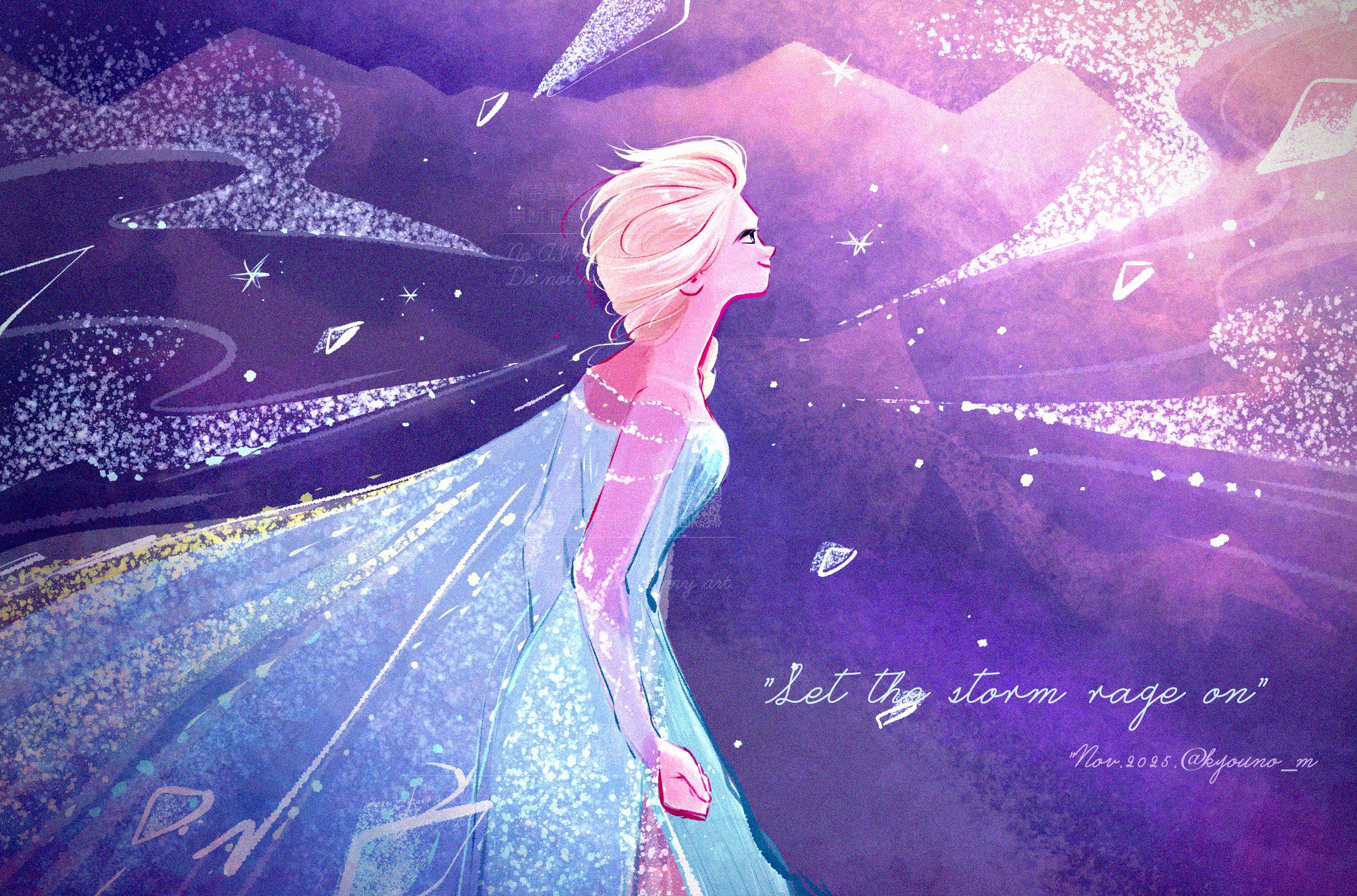 elsa (frozen), frozen (disney), commentary, english commentary, highres, 1girl, bare shoulders, black eyes, blonde hair, blue cape, blue dress, braid, cape, clenched hand, dress, english text, facing to the side, glass shards, gradient background, hair over shoulder, hair slicked back, kyouno m, lips, long dress, long hair, looking to the side, looking up, low-tied long hair, off-shoulder dress, off shoulder, pink background, profile, purple background, red lips, see-through cape, see-through clothes, see-through sleeves, side slit, signature, single braid, smile, snowflakes, solo, sparkle, sparkling clothes, twitter username