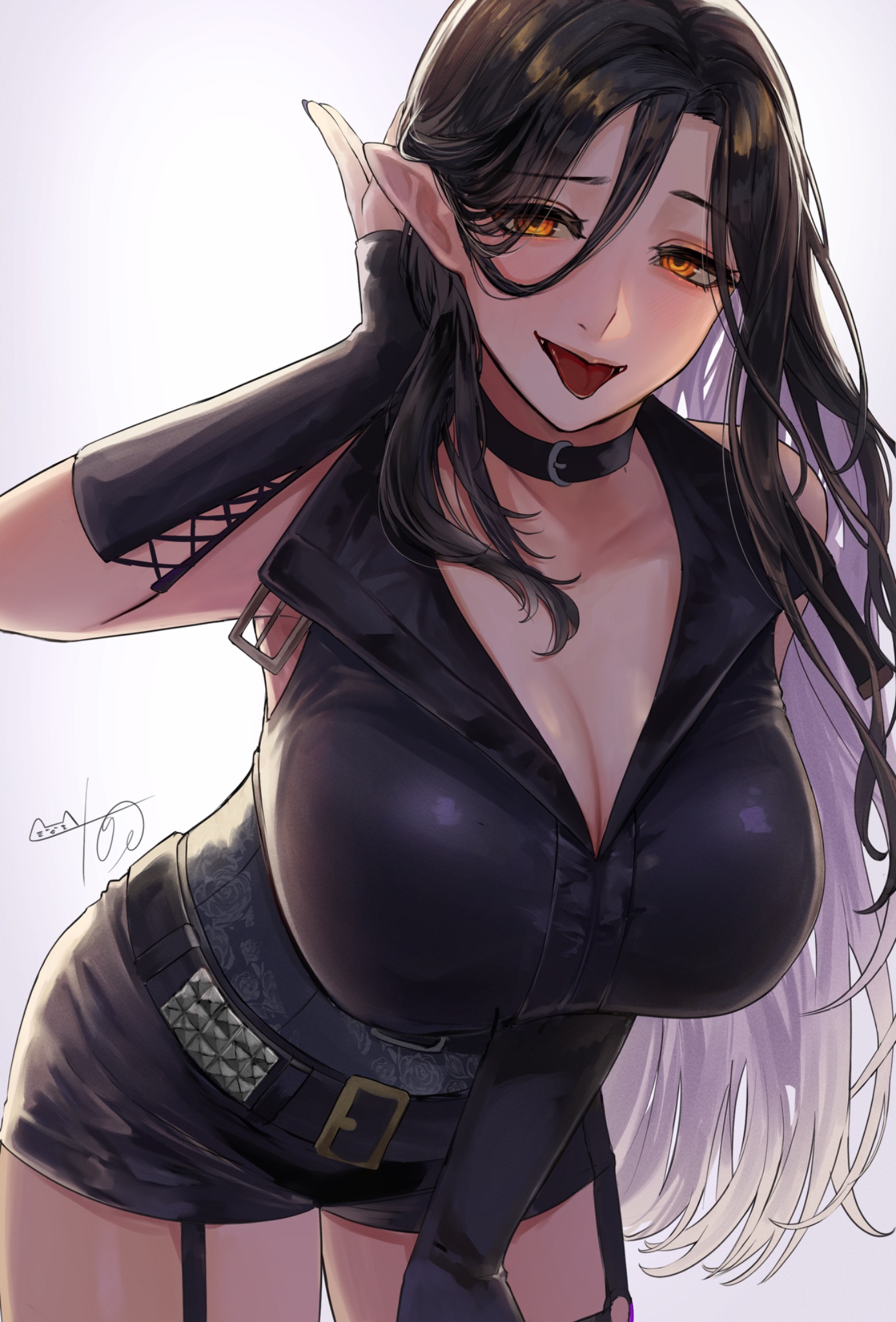 nekotokage, shirayuki tomoe, shirayuki tomoe (bondage), nijisanji, commentary request, highres, 1girl, asymmetrical legwear, belt, black choker, black corset, black hair, breast zipper, breasts, choker, corset, dominatrix, embroidery, frilled corset, frills, huge breasts, lace, lace-trimmed thighhighs, lace trim, leather shorts, long hair, looking at viewer, multicolored hair, orange eyes, pointy ears, shorts, smile, thighhighs, virtual youtuber