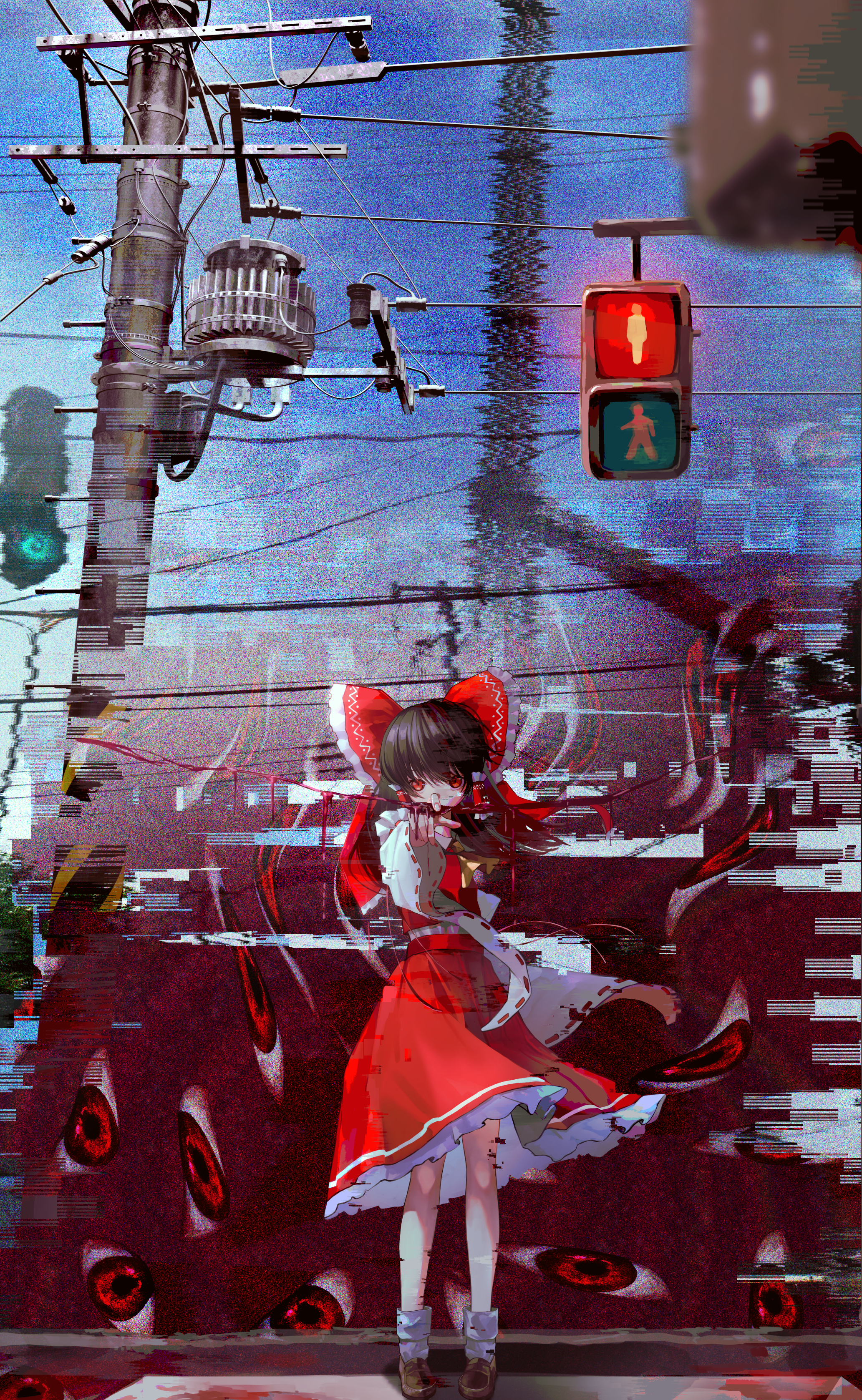 dedemaru, hakurei reimu, touhou, absurdres, commentary request, highres, 1girl, black hair, bow, brown shoes, detached sleeves, distortion, extra eyes, hair bow, horror (theme), long hair, looking at viewer, necktie, outdoors, pointing, pointing at viewer, red bow, red eyes, red hair, red shirt, red skirt, shirt, shoes, sidelocks, skirt, socks, solo, traffic light, white socks, wide sleeves, yellow necktie