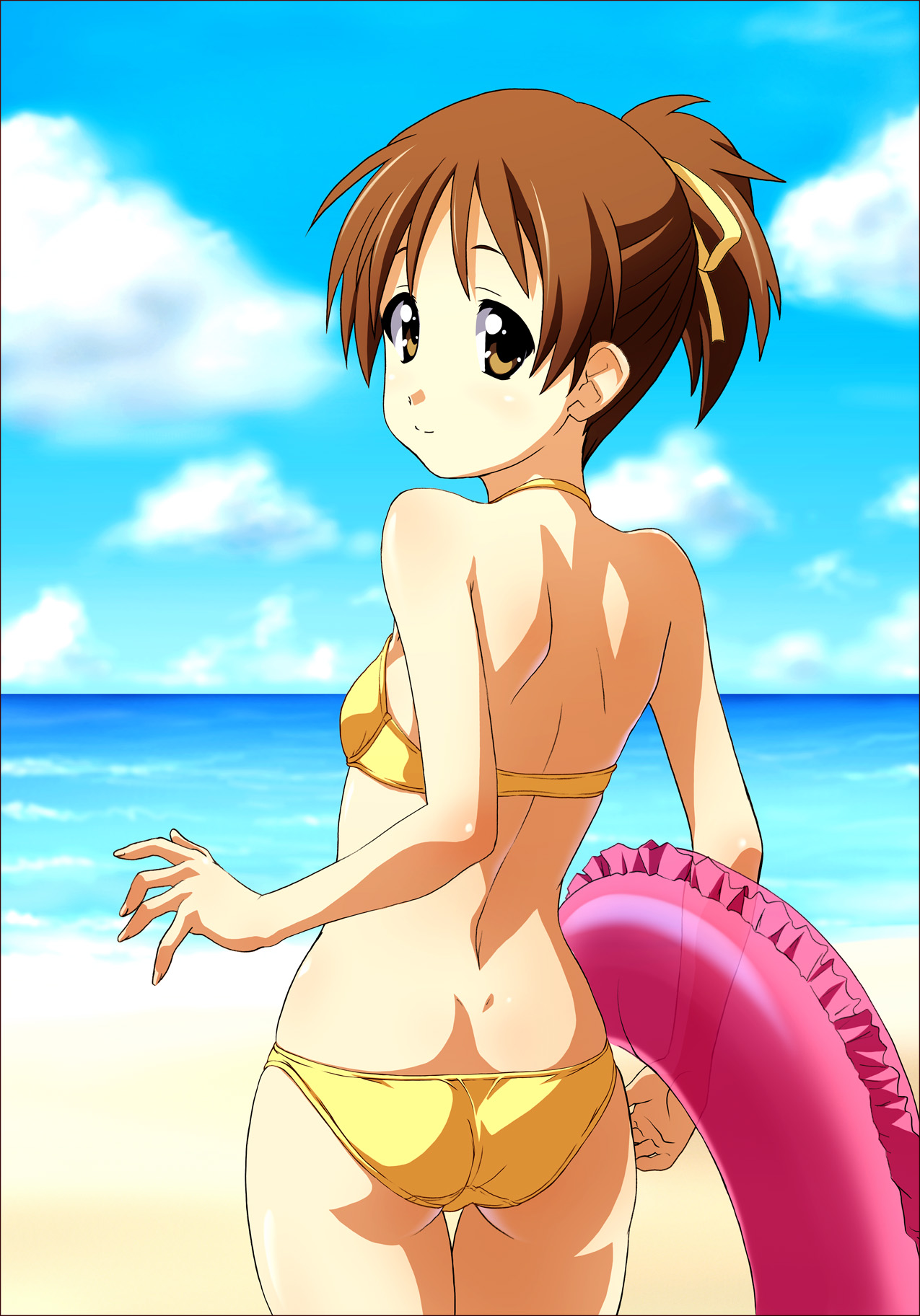 norizou type-r, hirasawa ui, k-on!, highres, 1girl, ass, back, beach, bikini, brown eyes, brown hair, day, dimples of venus, female focus, flat chest, from behind, innertube, looking back, ocean, outdoors, ponytail, sky, smile, solo, swim ring, swimsuit, yellow bikini
