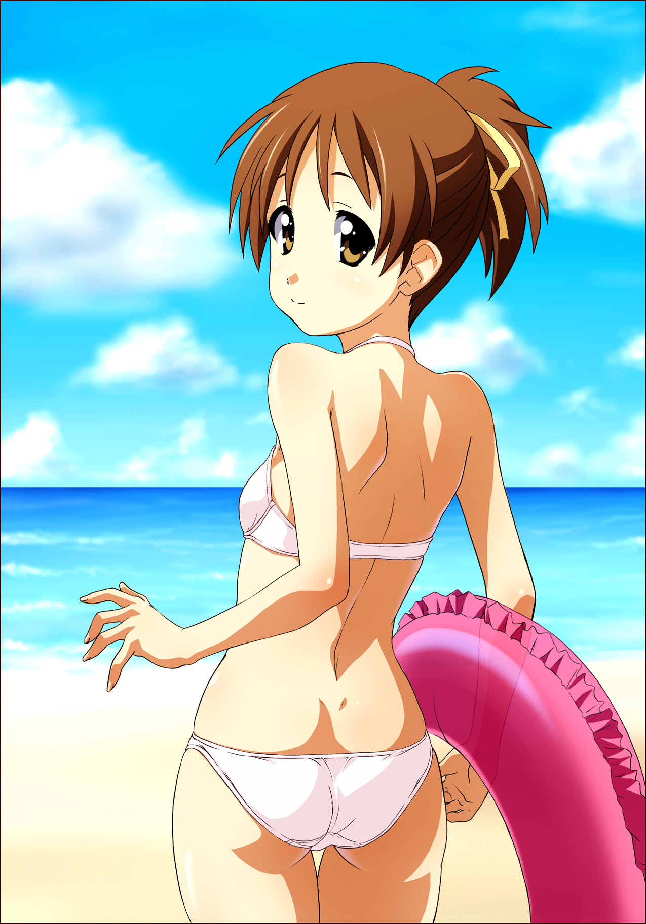 norizou type-r, hirasawa ui, k-on!, highres, 1girl, ass, back, beach, bikini, brown eyes, brown hair, day, dimples of venus, female focus, flat chest, from behind, innertube, looking back, ocean, ponytail, smile, solo, swim ring, swimsuit, white bikini