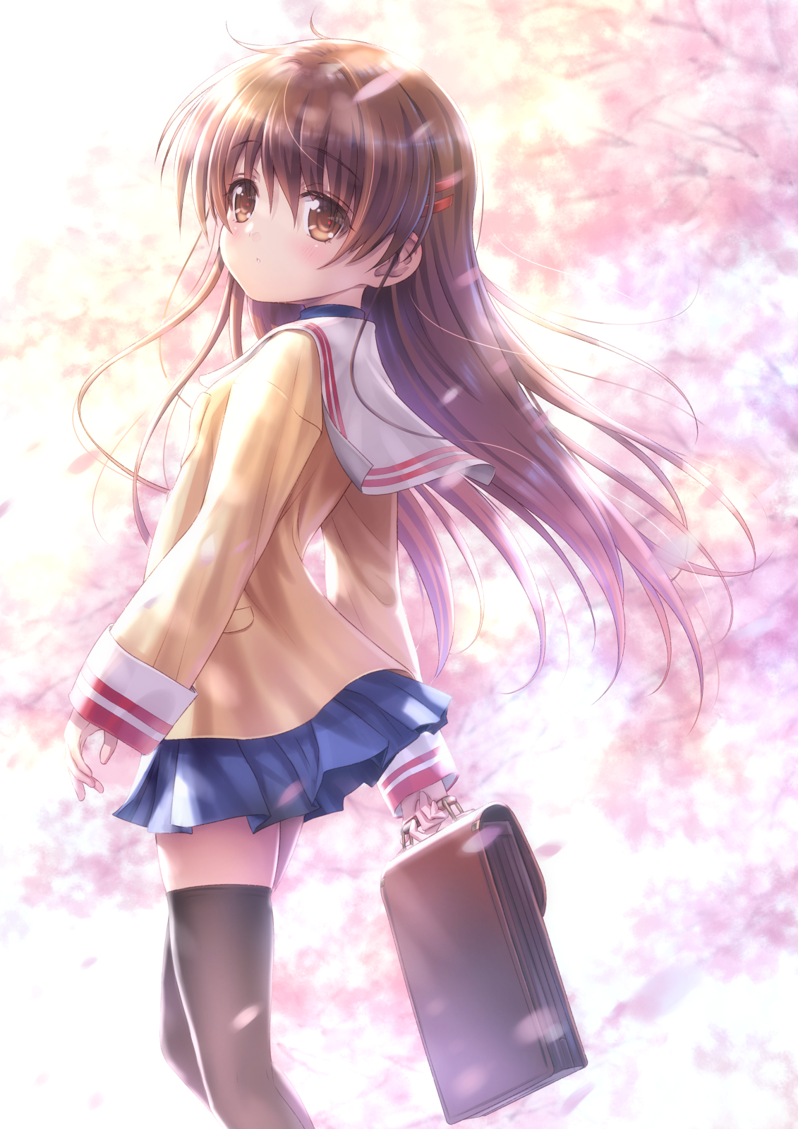 goto p, okazaki ushio, clannad, commentary request, commission, highres, skeb commission, 1girl, aged up, bag, black thighhighs, blue skirt, brown eyes, brown hair, cherry blossoms, hikarizaka private high school uniform, jacket, long hair, petals, sailor collar, school bag, school uniform, serafuku, skirt, solo, standing, thighhighs, white sailor collar, yellow jacket