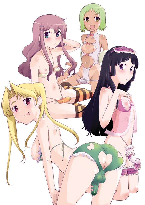 touge hiro, striped legwear, 4futa, :p, anus, aqua eyes, ass, ass cutout, backless panties, barefoot, bent over, bikini, bikini tan, black hair, blonde hair, blush, breasts, bulge, clothing cutout, erection, erection under clothes, frilled thigh strap, futa without pussy, futanari, green hair, hairband, heart, heart cutout, kneeling, lingerie, long hair, medium breasts, multiple futa, nipples, panties, penis, penis in panties, penis sheath, purple eyes, purple hair, red eyes, short hair, simple background, sitting, small breasts, striped clothes, striped thighhighs, swimsuit, tan, tanline, thigh strap, thighhighs, tongue, tongue out, underwear, white background, yellow eyes