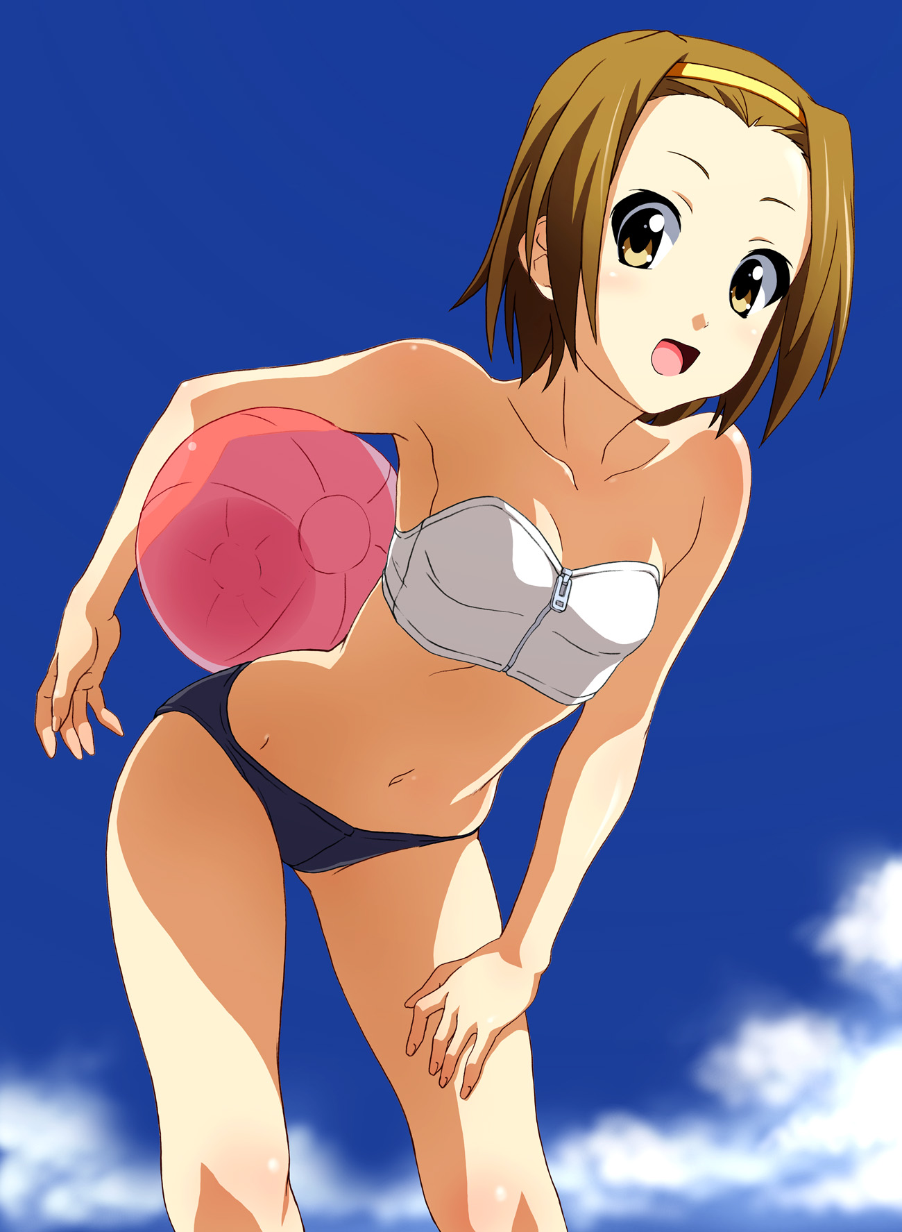 norizou type-r, tainaka ritsu, k-on!, highres, 1girl, armpits, ball, bare shoulders, beachball, bent over, bikini, breasts, brown eyes, brown hair, collarbone, day, female focus, forehead, hairband, outdoors, short hair, sky, solo, sports bikini, swimsuit