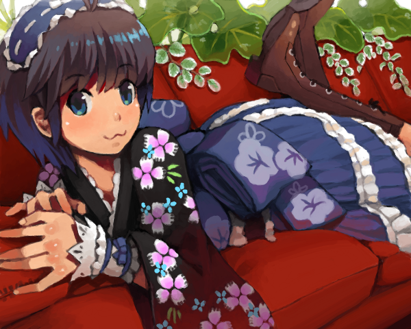 goe, kikuchi makoto, idolmaster, idolmaster (classic), bad drawr id, bad id, 00s, 1girl, :3, black hair, boots, couch, drawr, female focus, floral print, headdress, japanese clothes, lace-up boots, lolita fashion, long hair, lying, on stomach, red upholstery, solo, wa lolita, yukata maid (idolmaster)