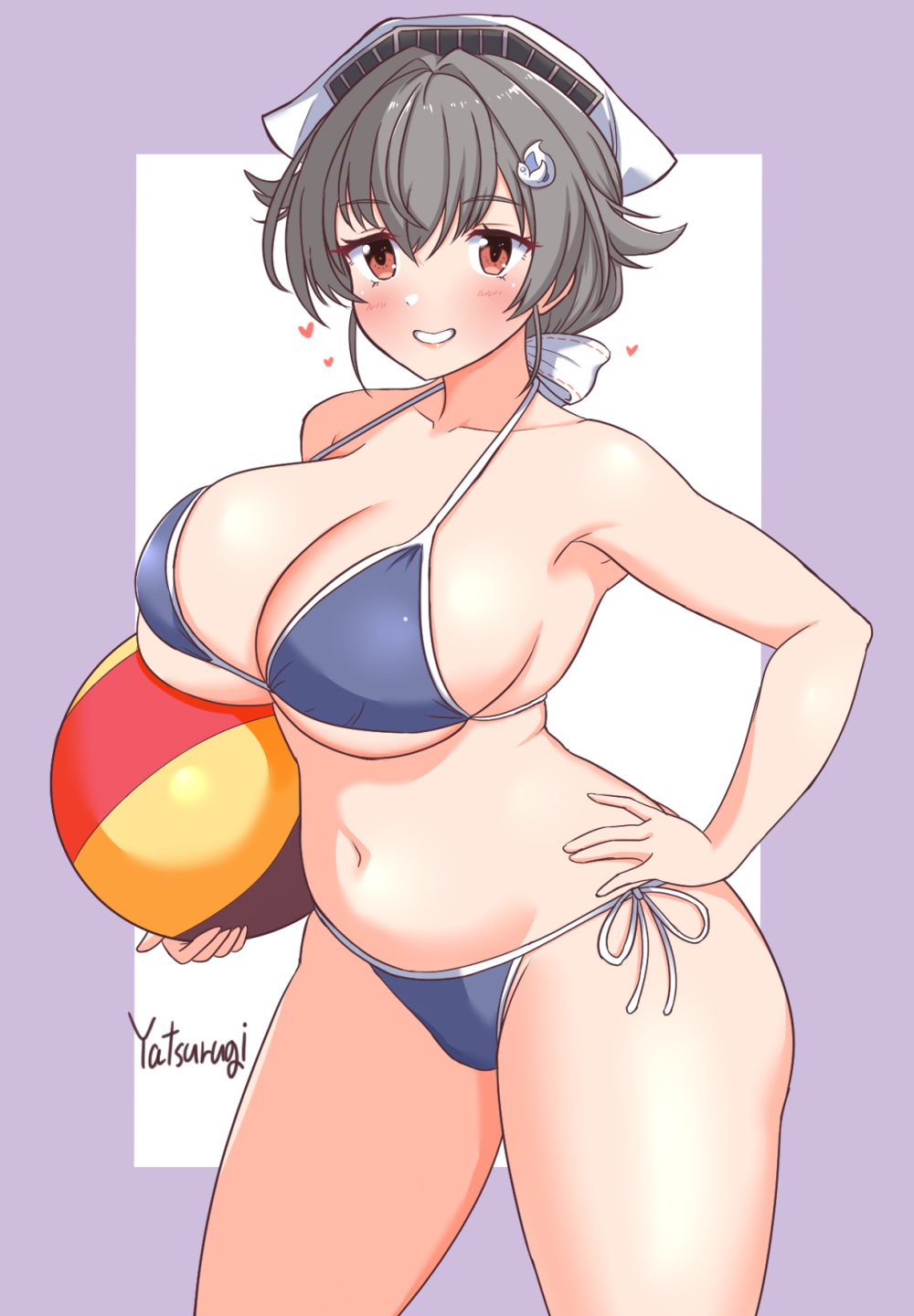 yatsurugi, jingei (kancolle), kantai collection, commentary request, highres, 1girl, alternate costume, bikini, black hair, blue bikini, breasts, hair flaps, hair ornament, hairclip, heart, huge breasts, long hair, looking at viewer, low ponytail, navel, ponytail, red eyes, side-tie bikini bottom, smile, solo, string bikini, swimsuit, whale hair ornament