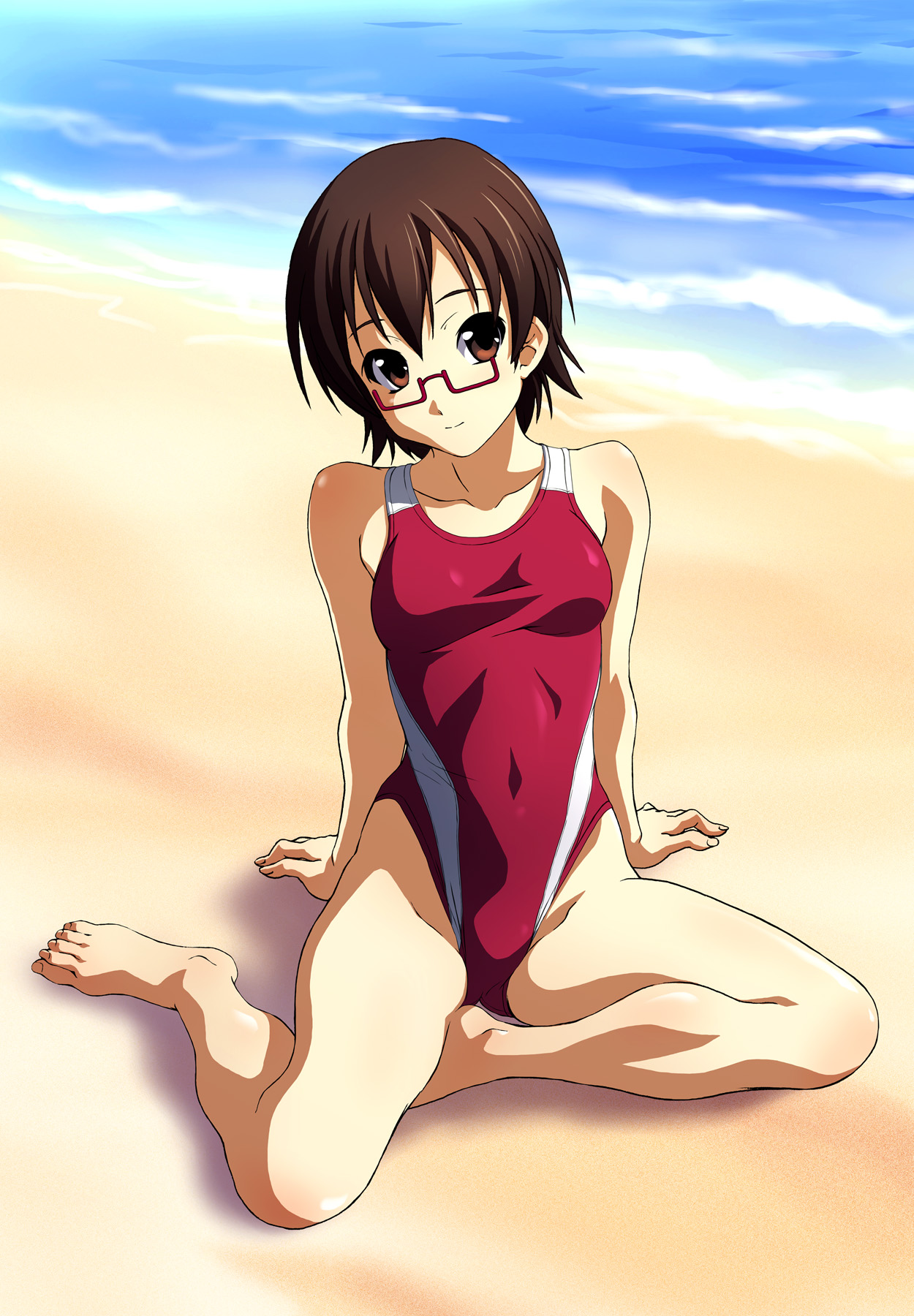norizou type-r, manabe nodoka, k-on!, highres, 00s, 1girl, arm support, barefoot, beach, brown eyes, brown hair, competition swimsuit, day, feet, female focus, glasses, ocean, one-piece swimsuit, red-framed eyewear, semi-rimless eyewear, short hair, sitting, smile, solo, swimsuit, under-rim eyewear