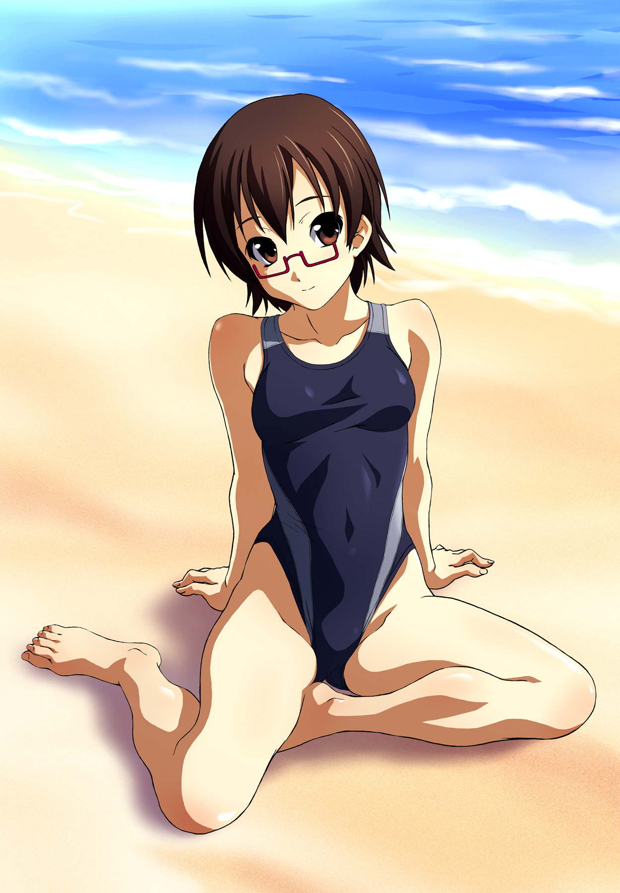 norizou type-r, manabe nodoka, k-on!, highres, 00s, 1girl, arm support, barefoot, beach, brown eyes, brown hair, competition swimsuit, day, feet, female focus, glasses, ocean, one-piece swimsuit, red-framed eyewear, semi-rimless eyewear, short hair, sitting, smile, solo, swimsuit, under-rim eyewear