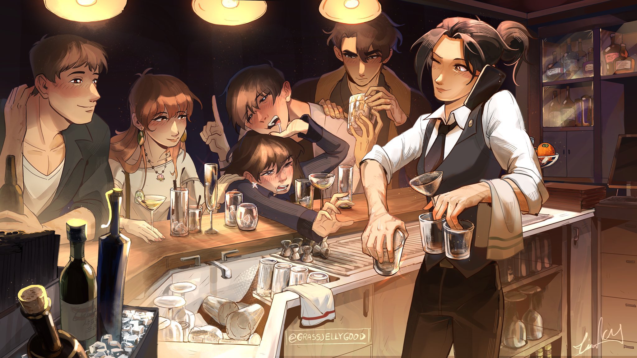 han sooyoung, jung heewon, kim dokja, lee hyunsung, yoo joonghyuk, yoo sangah, omniscient reader's viewpoint, commentary, english commentary, highres, bar (place), black necktie, black vest, blush, bottle, ceiling light, chin rest, collared shirt, cooler, cup, display case, drinking glass, drooling, drunk, everyone, grassjellyg00d, hand up, head on head, head rest, holding, holding cup, holding phone, index finger raised, indoors, jewelry, necklace, necktie, outstretched arm, phone, pushing away, shirt, sink, smirk, talking on phone, towel, vest, white shirt, wine glass
