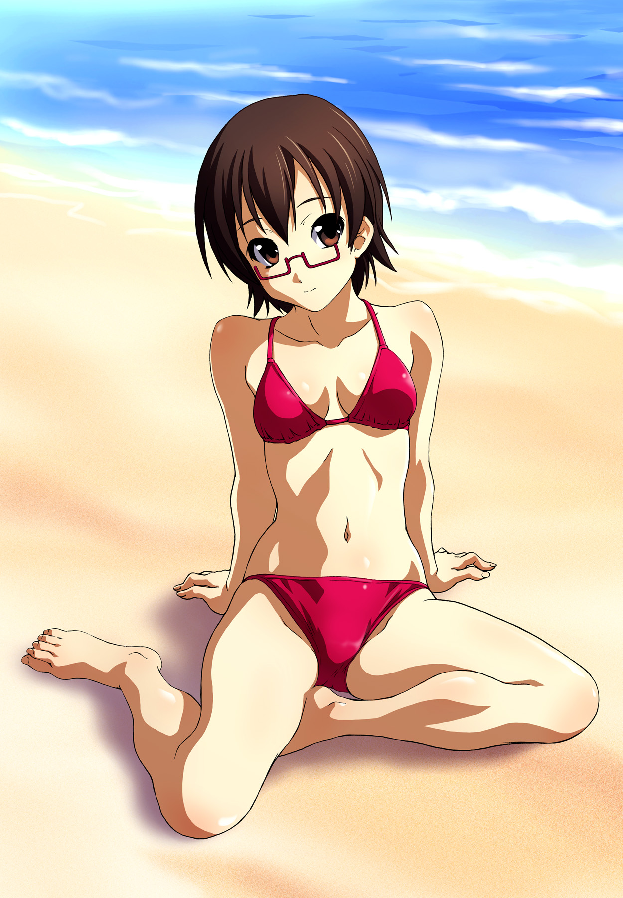 norizou type-r, manabe nodoka, k-on!, highres, 00s, 1girl, arm support, barefoot, beach, bikini, breasts, brown eyes, brown hair, cleavage, feet, female focus, glasses, medium breasts, ocean, red-framed eyewear, red bikini, semi-rimless eyewear, short hair, sitting, smile, solo, swimsuit, under-rim eyewear