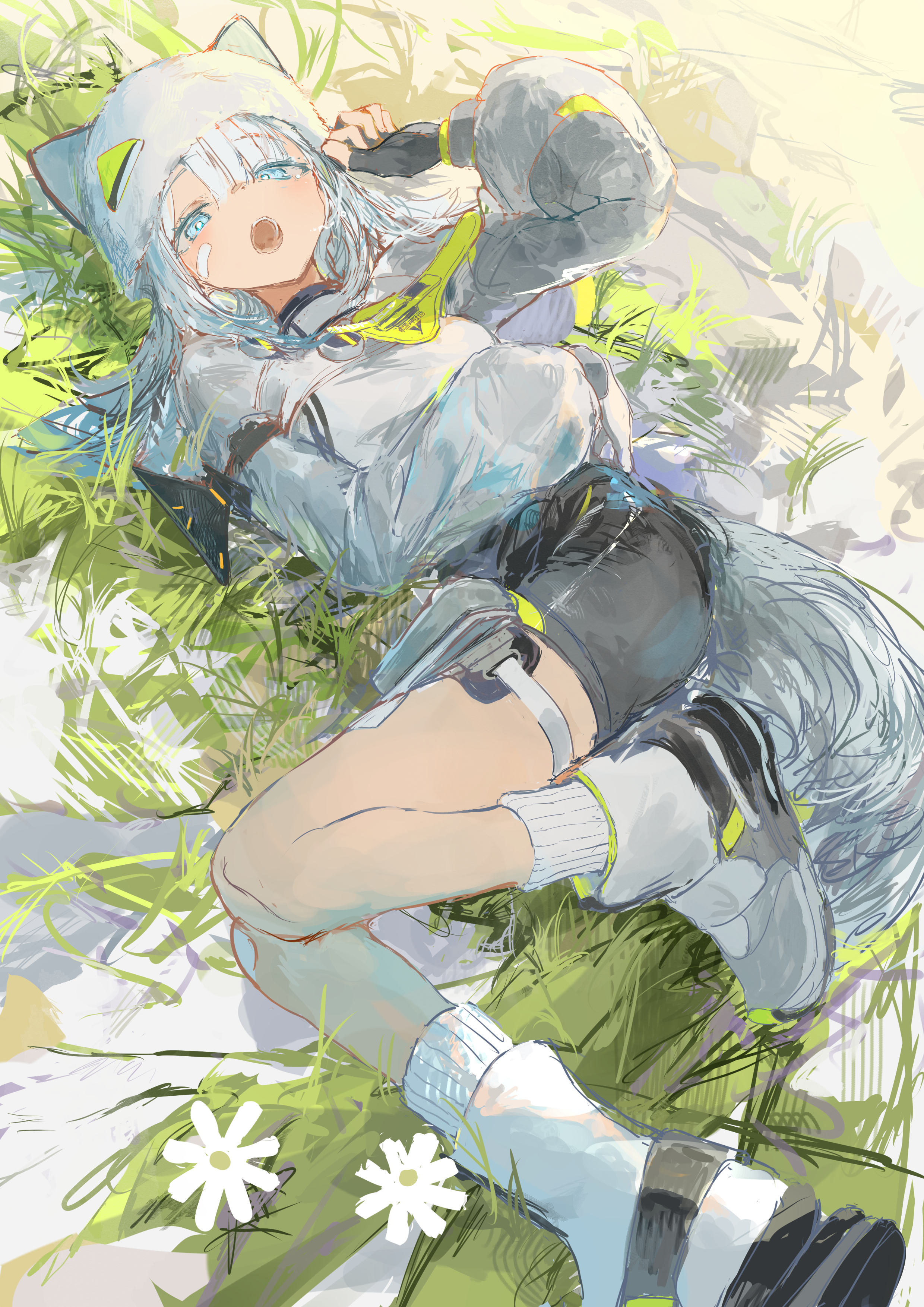 ichika (ichika87), estella (arknights), arknights, arknights: endfield, absurdres, commentary, english commentary, highres, 1girl, animal ears, bandaid, bandaid on face, black gloves, black shorts, blue eyes, blush, fingerless gloves, gloves, jacket, long hair, on grass, open mouth, sandals, shorts, solo, tail, white hair, white jacket