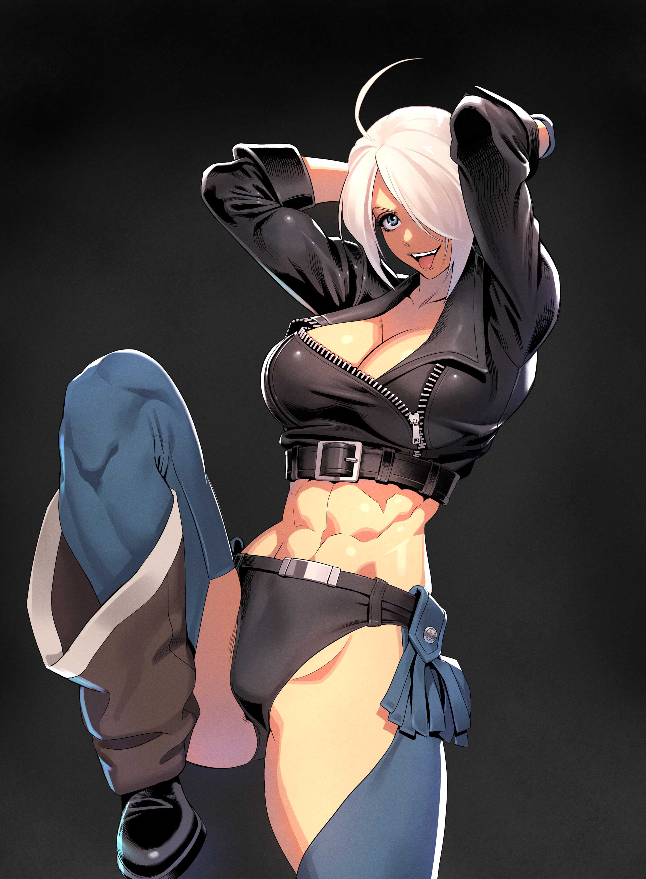 ogami, angel (kof), snk, the king of fighters, the king of fighters xiv, absurdres, commentary request, highres, 1girl, abs, backless pants, blue eyes, boots, bra, breasts, chaps, cleavage, cowboy boots, crop top, cropped jacket, fingerless gloves, gloves, hair over one eye, jacket, large breasts, leather, leather jacket, looking at viewer, midriff, muscular, muscular female, navel, panties, pants, short hair, smile, solo, strapless, strapless bra, toned, toned female, underwear, white hair