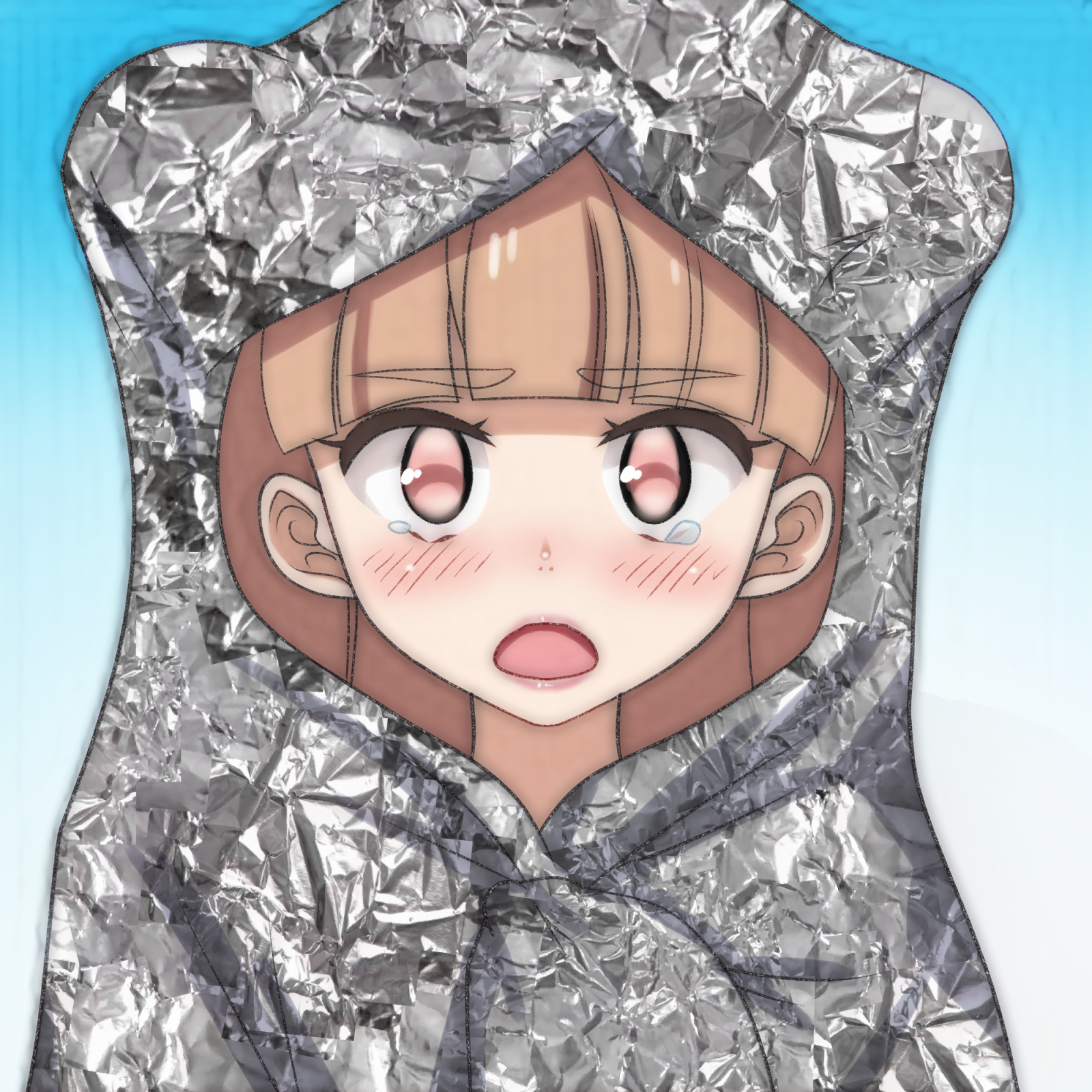 t jiroo (ringofriend), amabuki maria, zombie land saga, 1girl, blue background, blush, brown hair, crying, double bun, foil, gradient background, hair bun, long hair, looking at viewer, open mouth, pink eyes, tears, upper body