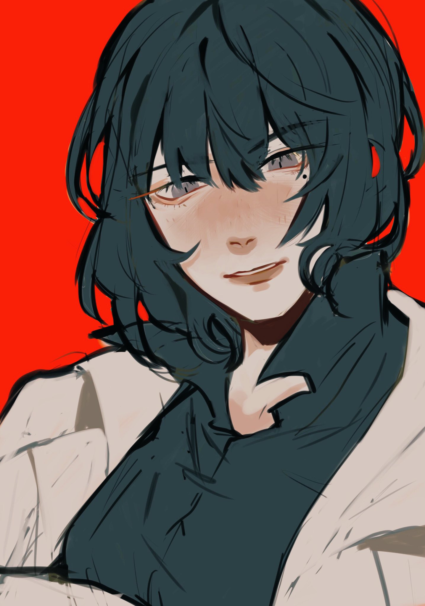 wintrchu, han sooyoung, omniscient reader's viewpoint, commentary, english commentary, highres, variant set, 1girl, :d, black hair, black shirt, bob cut, coat, collared shirt, grin, looking at viewer, mole, mole under eye, open clothes, open coat, open mouth, shirt, short hair, smile, solo, upper body, white coat