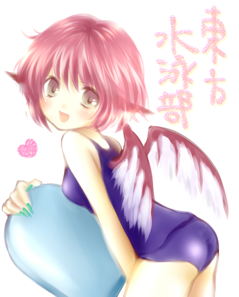 ichi-natsu, mystia lorelei, touhou, bad id, bad pixiv id, 1girl, animal ears, bare shoulders, female focus, fingernails, green nails, long fingernails, nail (hardware), nail polish, one-piece swimsuit, pink hair, purple one-piece swimsuit, purple school swimsuit, school swimsuit, short hair, solo, swimsuit, wings
