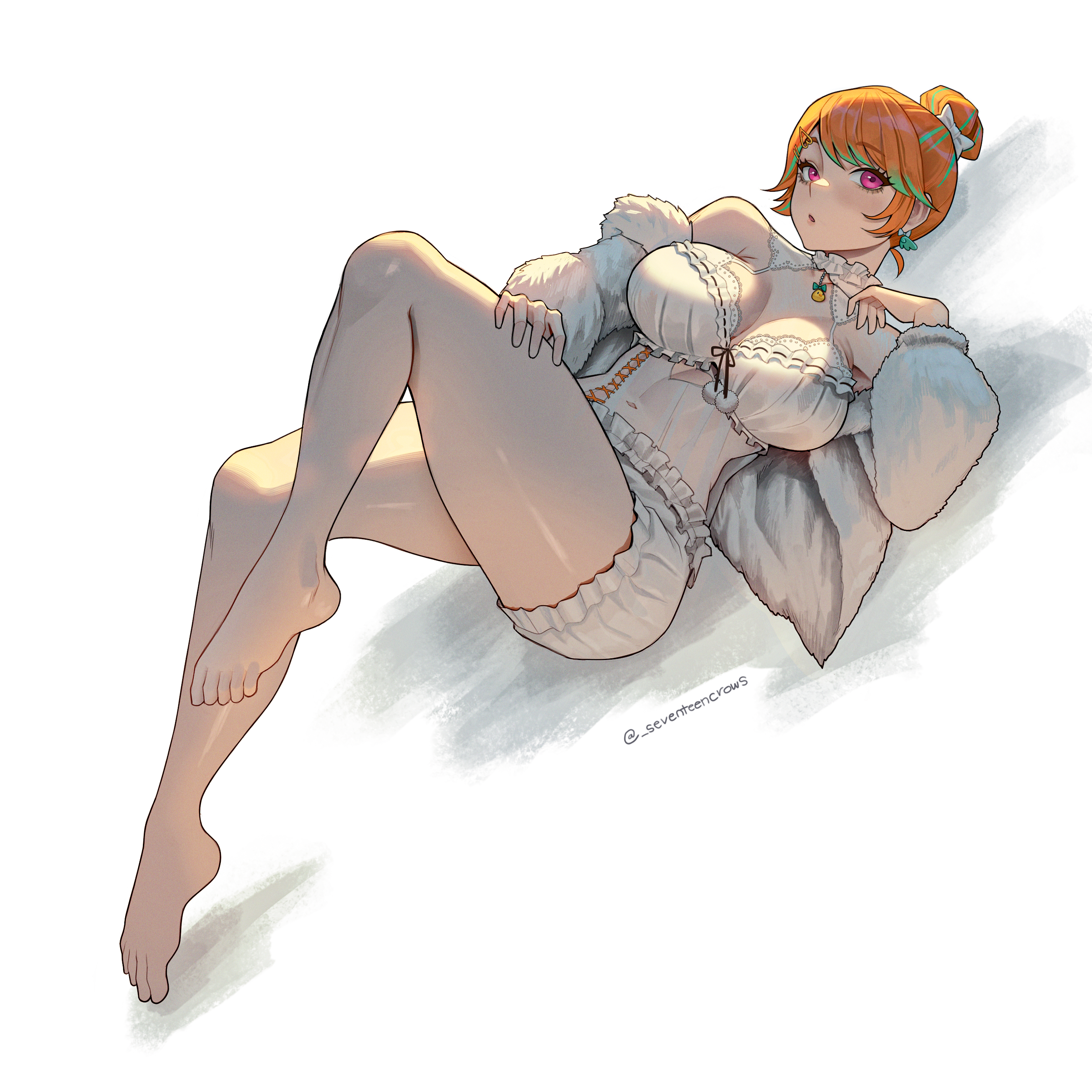 seventeencrows, takanashi kiara, takanashi kiara (cozy), hololive, hololive english, absurdres, commentary, english commentary, highres, 1girl, babydoll, barefoot, bow, breasts, cleavage, colored tips, frilled shorts, frills, fur jacket, green hair, hair bow, hair bun, jacket, large breasts, looking at viewer, lying, multicolored hair, off shoulder, official alternate costume, official alternate hair length, official alternate hairstyle, on back, open mouth, orange hair, pom pom (clothes), see-through babydoll, see-through clothes, short hair, shorts, simple background, single hair bun, solo, streaked hair, swept bangs, virtual youtuber, white babydoll, white background, white shorts