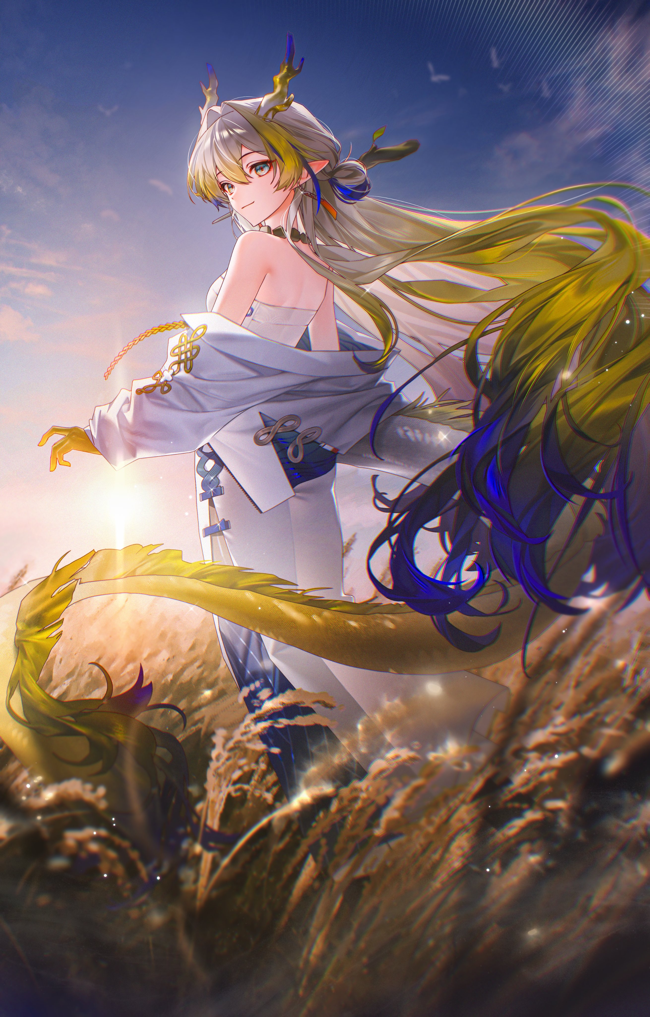 hsr kkgru, shu (arknights), arknights, absurdres, hashtag-only commentary, highres, 1girl, aqua eyes, bare shoulders, blonde hair, blue hair, chromatic aberration, closed mouth, colored extremities, day, dragon girl, dragon horns, dragon tail, earrings, hair between eyes, hair intakes, horns, jacket, jewelry, lens flare, light particles, light smile, long hair, long sleeves, looking at viewer, multicolored hair, necklace, off shoulder, outdoors, plant, pointy ears, seigaiha, skirt, solo, standing, strapless, sun, tail, tube top, very long hair, wheat, wheat field, white hair, white jacket, white skirt, white tube top, wind